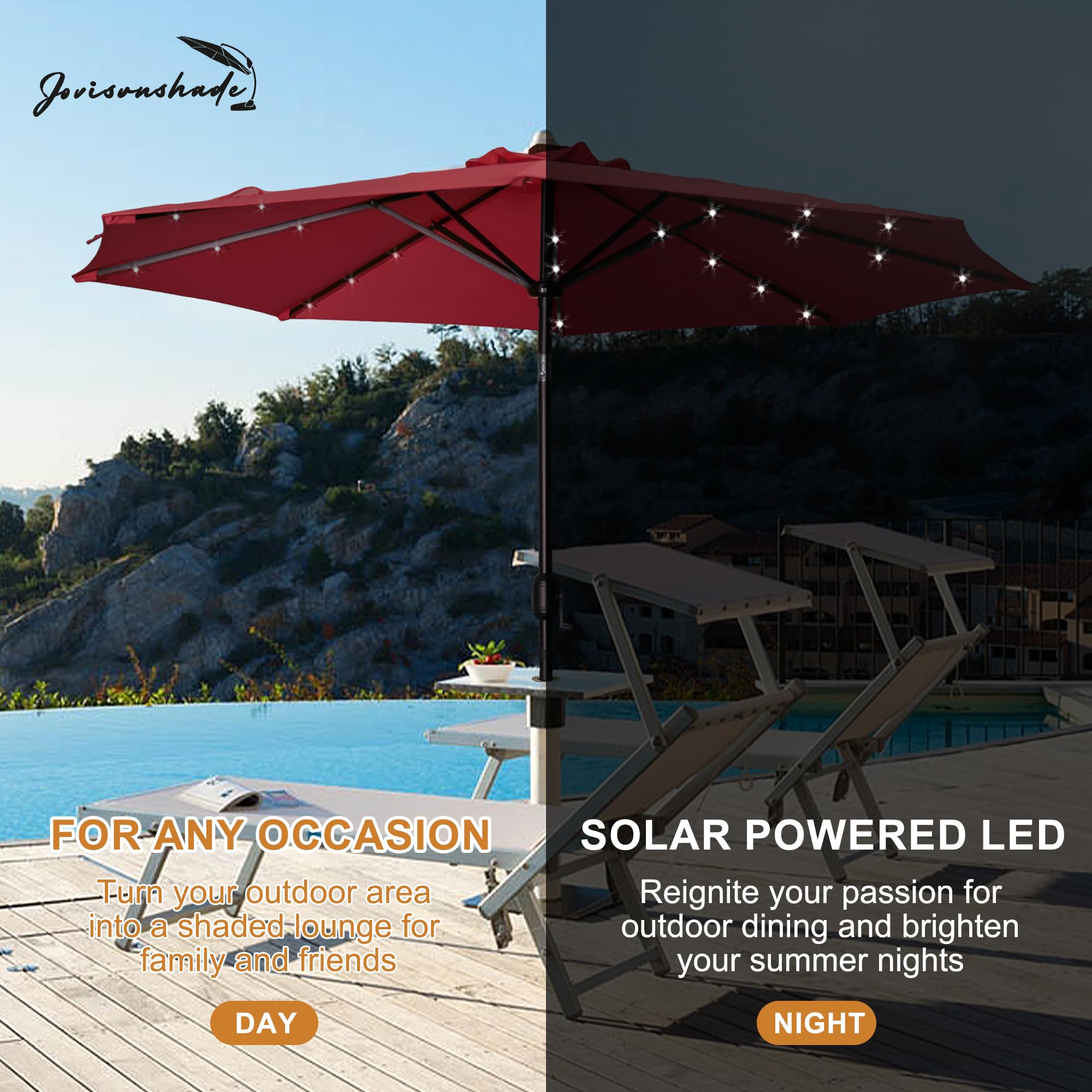 9FT Solar LED Patio Umbrella with Push Button Tilt & Crank - Waterproof Outdoor Umbrella with UV Protection for Pool, Deck, Garden - Perfect for Backyard, Porch & Outdoor Dining (Red)