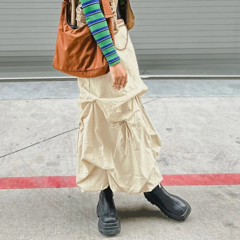 Asymmetrical Drawstring Bow Loose Long Skirt for Women - Streetwear Cargo Draped Solid Skirt with Shirring Details | Gorpcore Fashion Outfit for Casual Wear, Outdoor Adventures & Urban Street Style