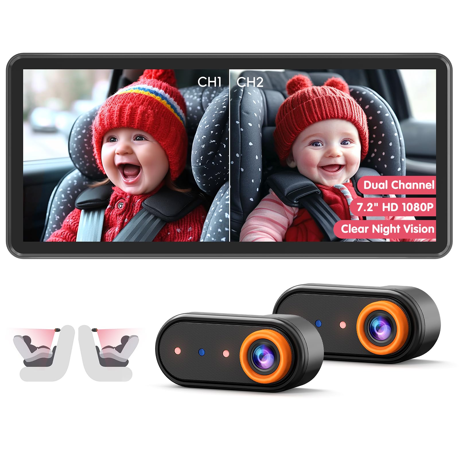Dual Channel Baby Car Camera for 2 Kids - 7.2