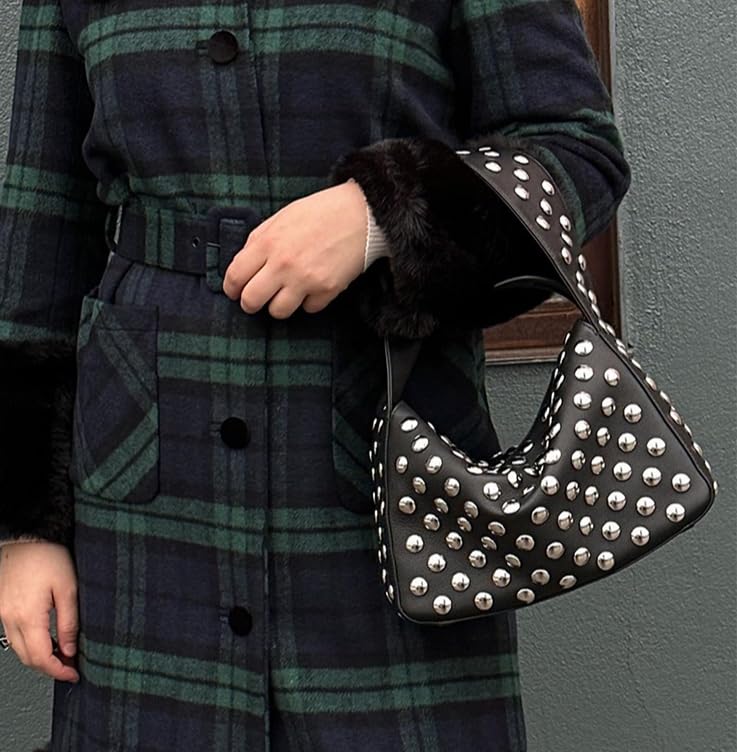 Y2K Studded Shoulder Bag - 90s Punk Vegan Leather Small Purse for Women | Retro Streetwear Designer Handbag | Perfect for Concerts, Night Out & 2000s Fashion