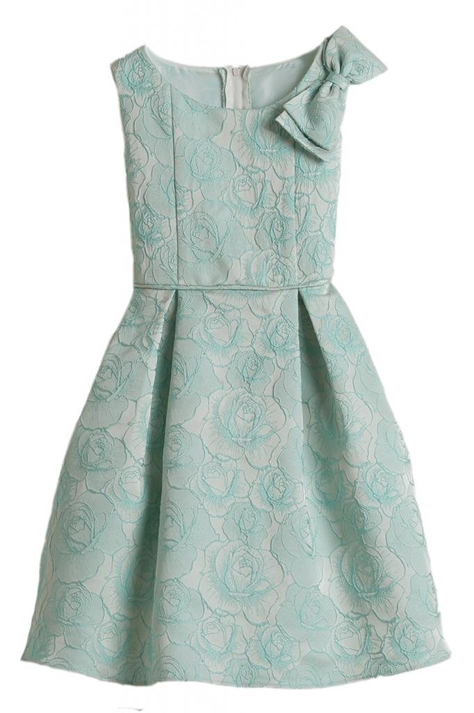 Vintage Rose Jacquard Flower Girl Dress with Shoulder Bow - Elegant Little Girls' Party Dress for Weddings, Baptisms & Special Occasions