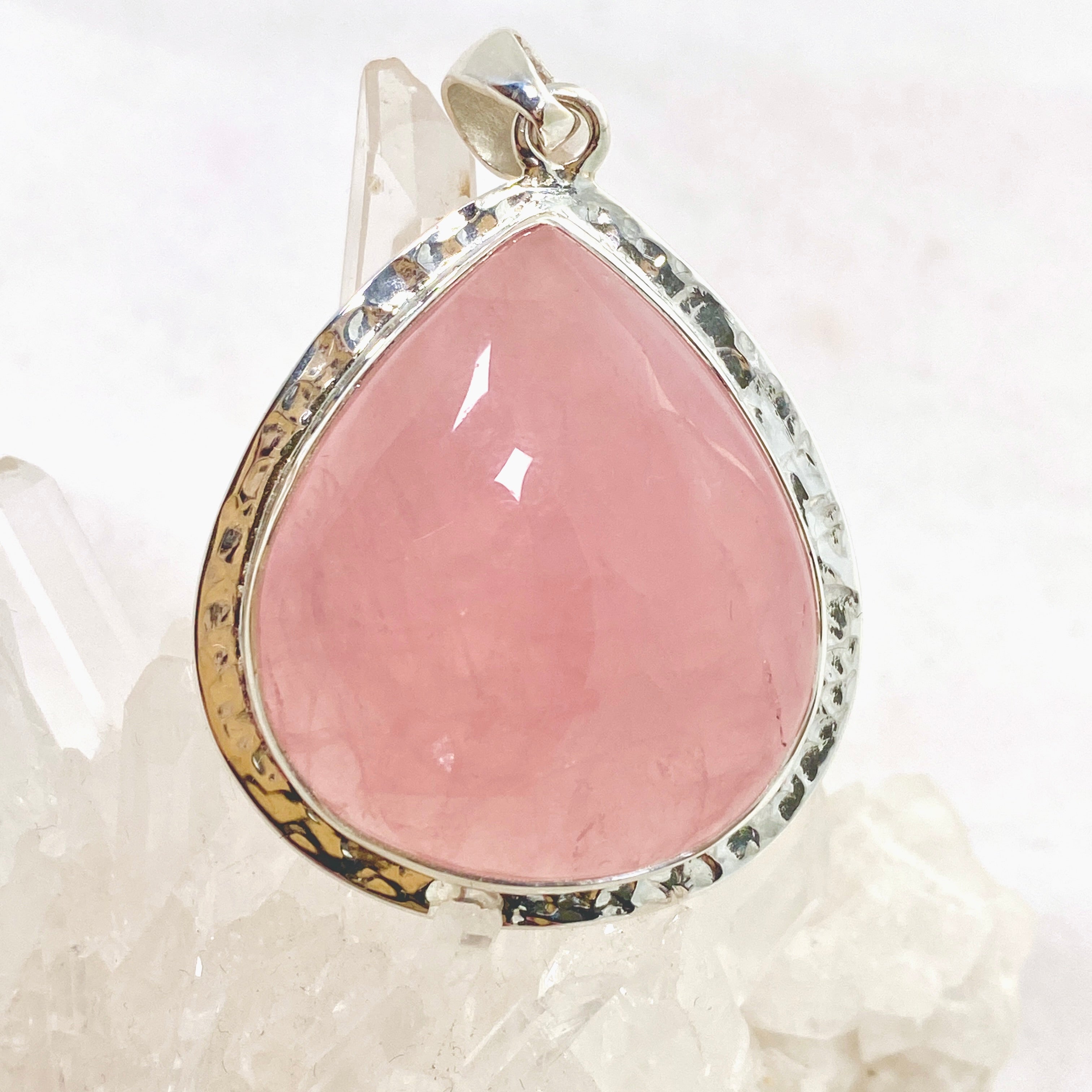 Rose Quartz Teardrop Cabochon Pendant in Hammered Silver Setting KPGJ4688 - Perfect for Meditation, Healing Jewelry & Spiritual Gifts