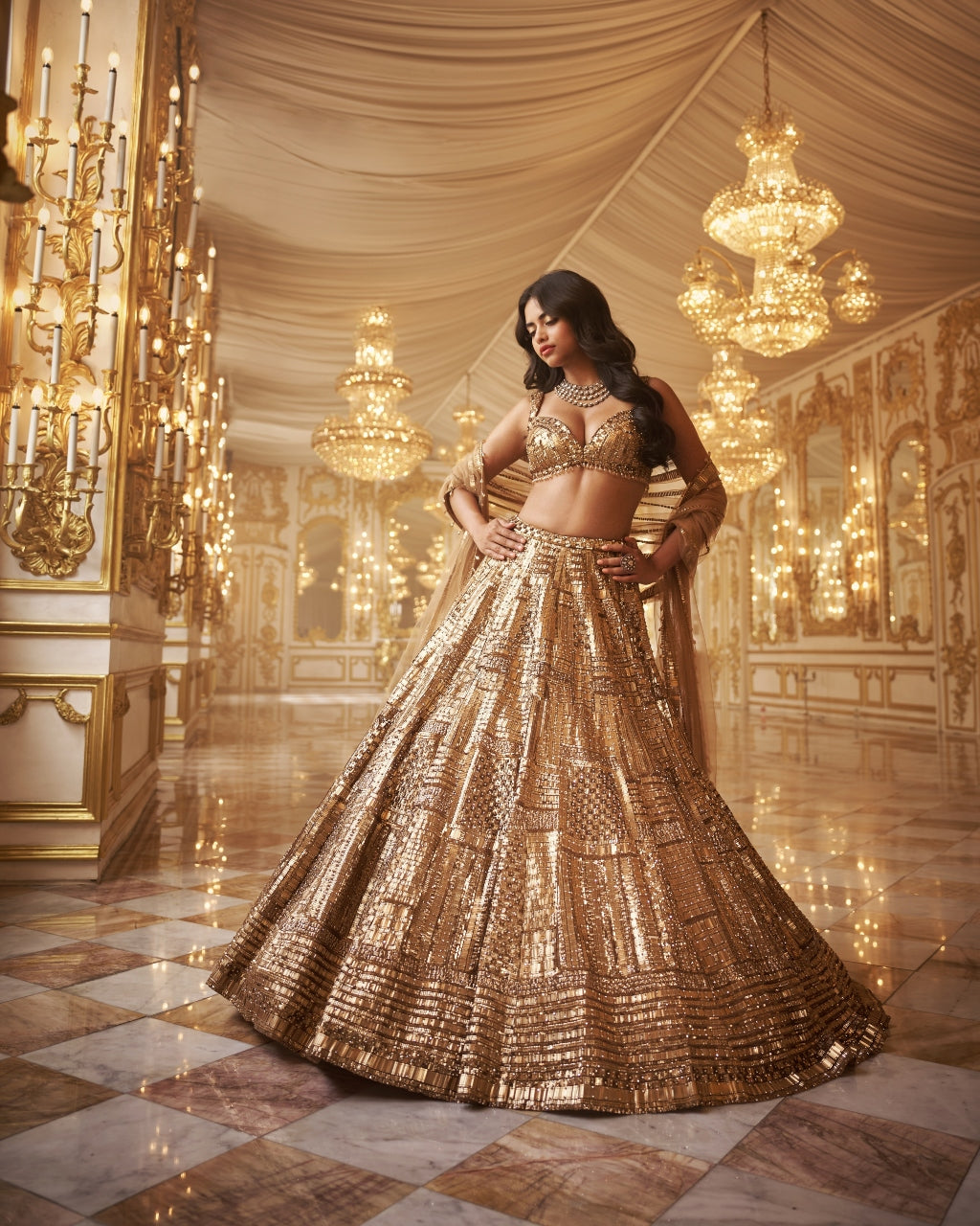 Antique Gold Embellished Lehenga Set for Women - Traditional Indian Bridal Skirt & Blouse - Perfect for Weddings, Festivals & Cultural Events