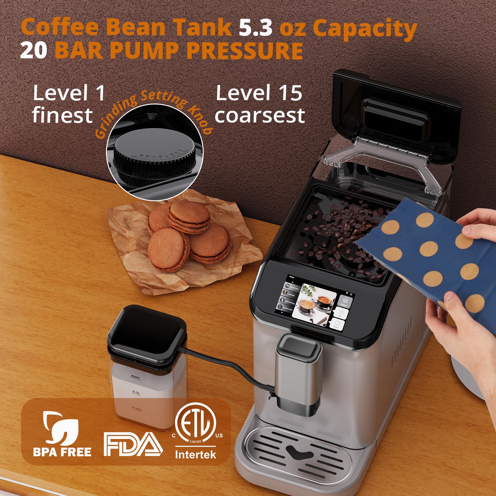 Premium Automatic Espresso Coffee Machine with Built-in Grinder & Milk Frother - 20 Bar Pressure, TFT Touch Screen for Latte, Cappuccino & Americano (Silver/Black) - Perfect for Home Baristas & Coffee Shops