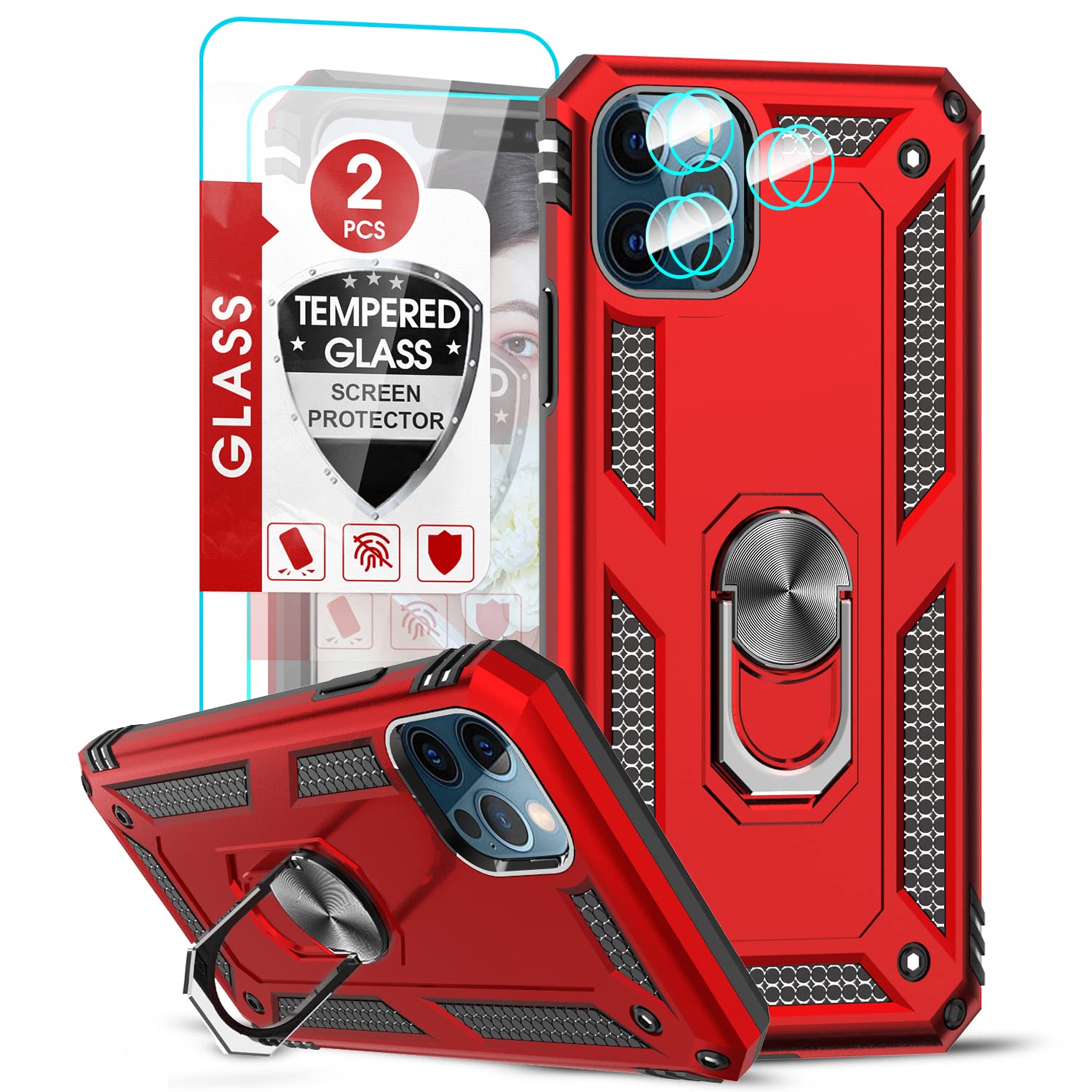 LeYi iPhone 12 Pro Max Case with [2 Pack] Tempered Glass Screen Protector & Camera Lens Cover - Military-Grade Shockproof Phone Cover with Kickstand for Men & Women (Red) - Perfect for Outdoor Activities, Travel & Daily Protection