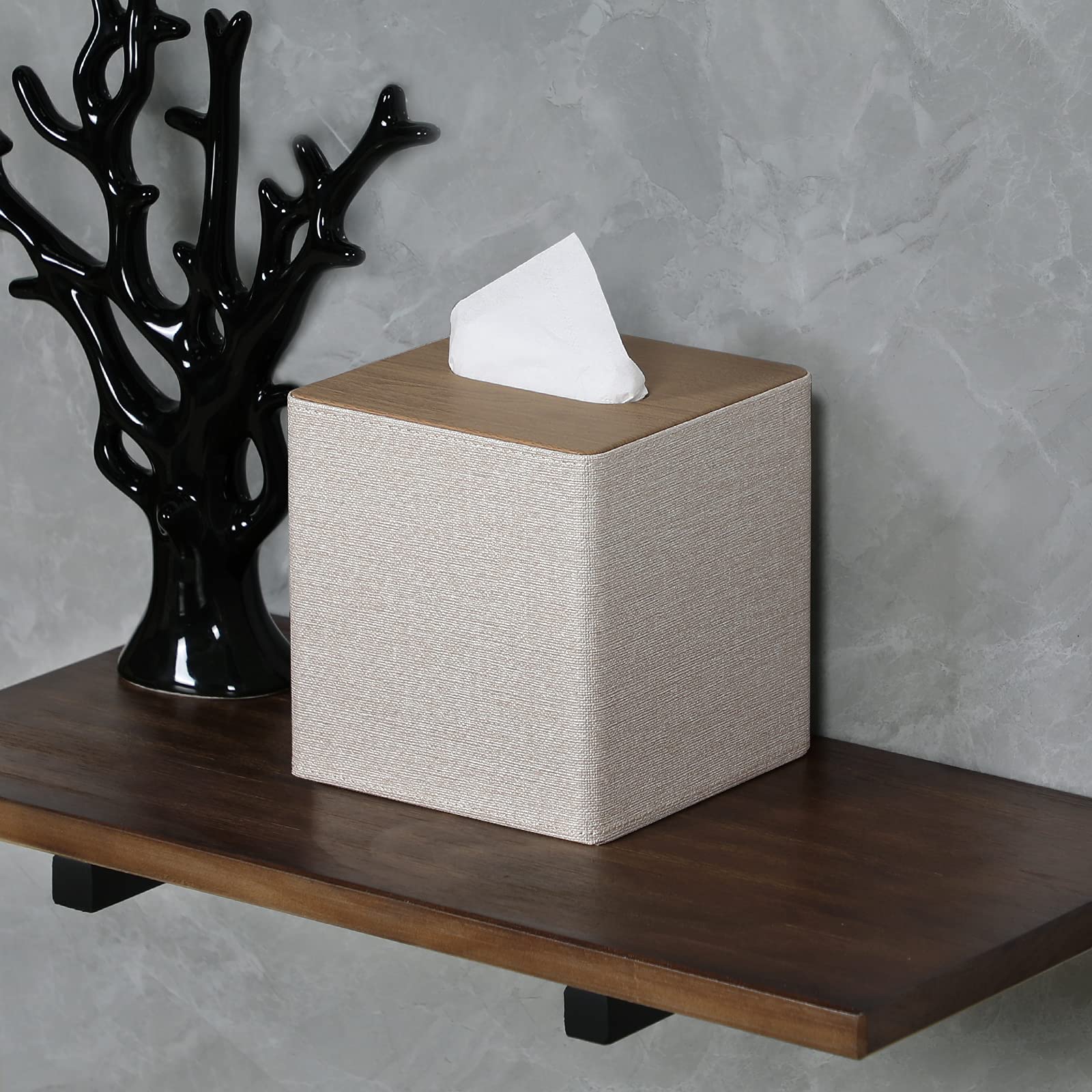 PU Leather Square Tissue Box Cover - Beige Facial Tissue Holder for Dresser, Bathroom & Home Decor | Perfect for Living Room, Bedroom and Office Organization