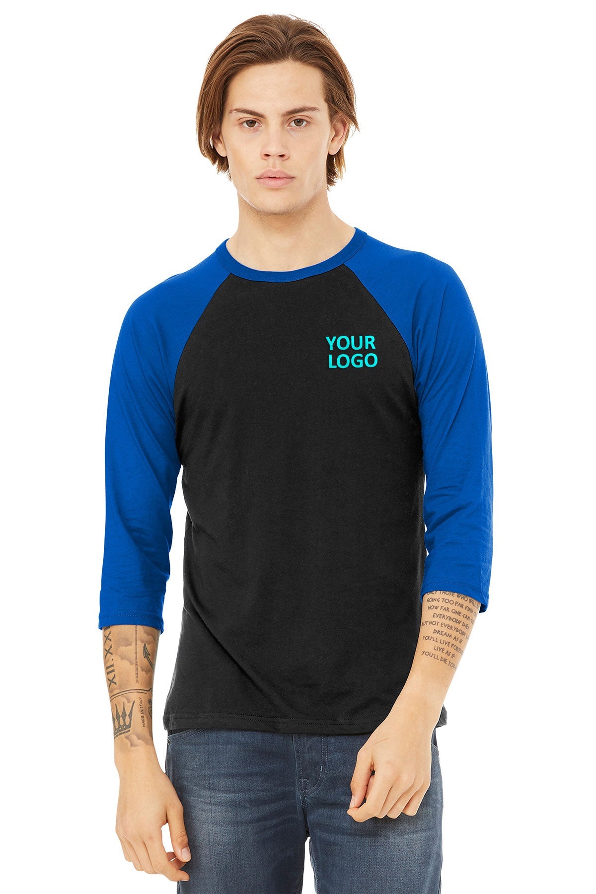 Bella Canvas Unisex 3/4 Sleeve Baseball Tee - Black & True Royal | Comfortable Cotton Blend for Casual Wear, Sports & Street Fashion