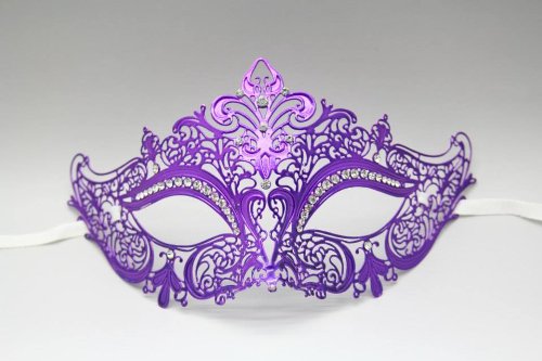 Elegant Venetian Metal Laser-Cut Masquerade Mask with Rhinestones - Purple Venetian Carnival Mask for Mardi Gras, Halloween Costume Parties & Venetian-Themed Events