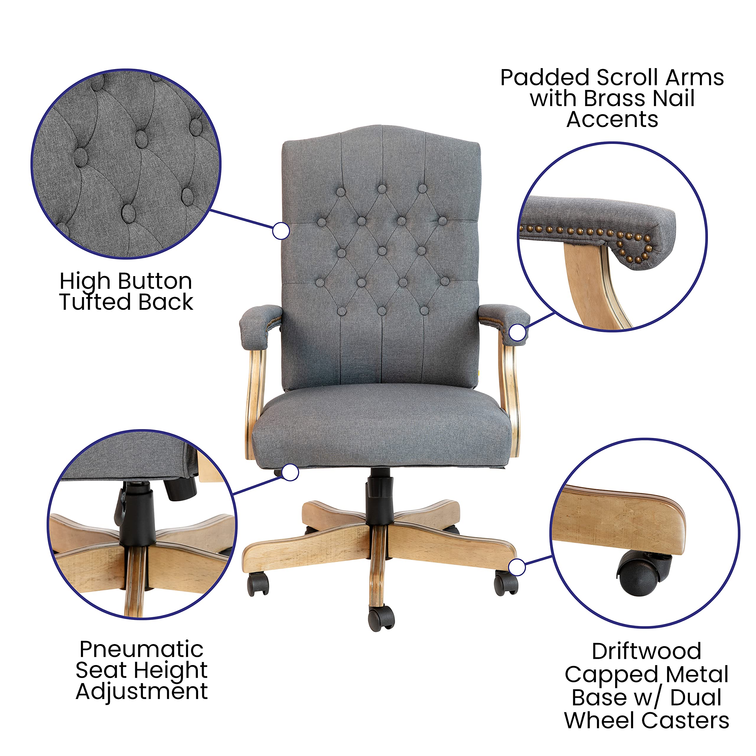 Ergonomic Gray Fabric Tufted Swivel Office Chair with Driftwood Base - Comfortable Traditional Desk Chair for Home Office, Study & Workspace - Adjustable Height & 360° Rotation for Productivity
