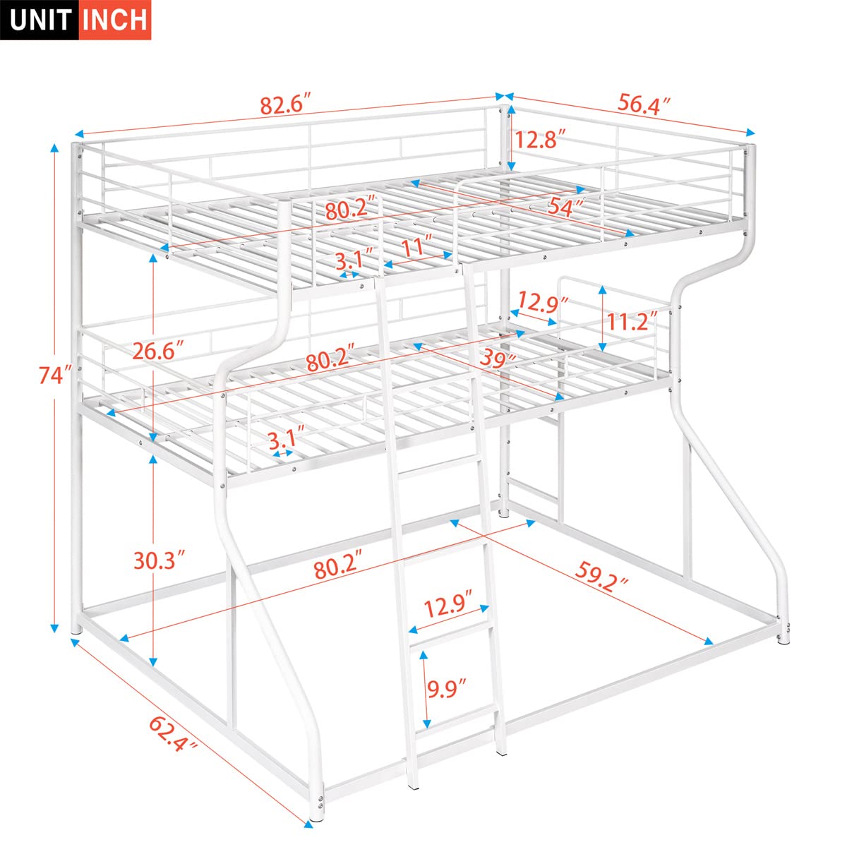 Sturdy Triple Bunk Bed Frame - Full XL Over Twin XL Over Queen Metal Bunk Bed with Ladder & Safety Rails for Kids, Teens & Adults | Space-Saving Bedroom & Dorm Furniture for Shared Rooms (White)
