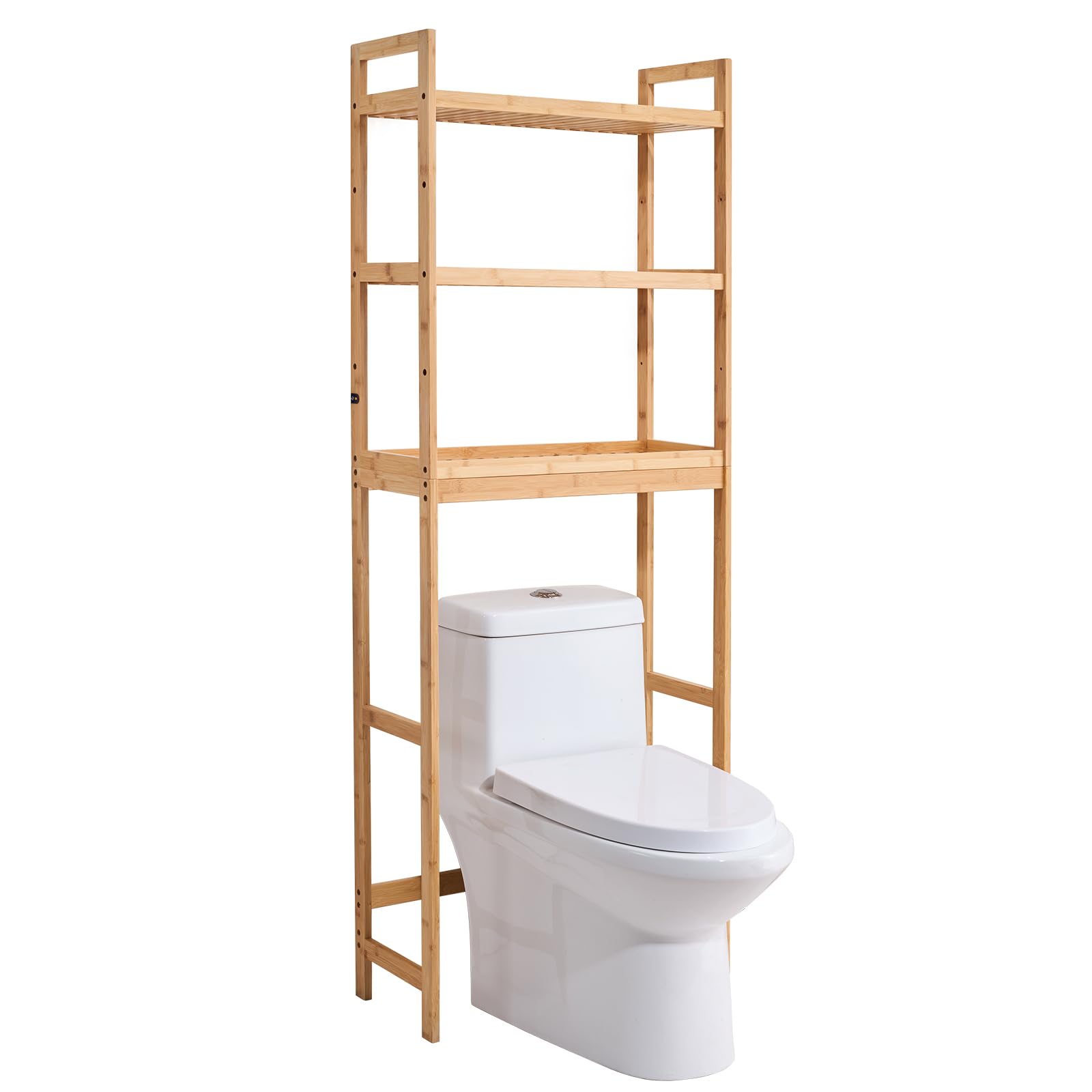 VEVOR 3-Tier Adjustable Over The Toilet Storage Shelf - Bamboo Bathroom Organizer with Hooks, Freestanding Space Saver for Towels, Toiletries & Laundry - Easy Assembly Fits Most Toilets - Perfect for Small Bathrooms & Apartments