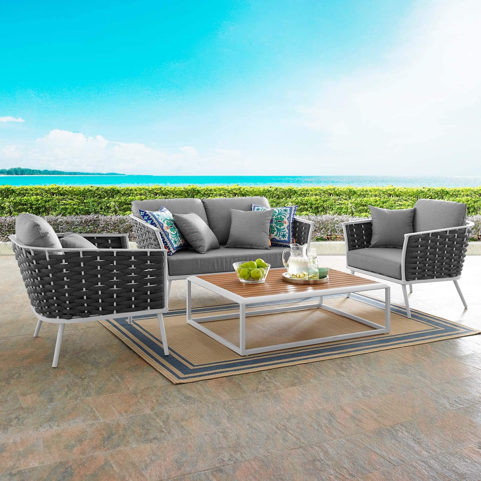 Modway Stance 4-Piece Outdoor Patio Sectional Sofa Set - Aluminum Frame, White & Gray Cushions - Perfect for Backyard, Poolside & Garden Relaxation