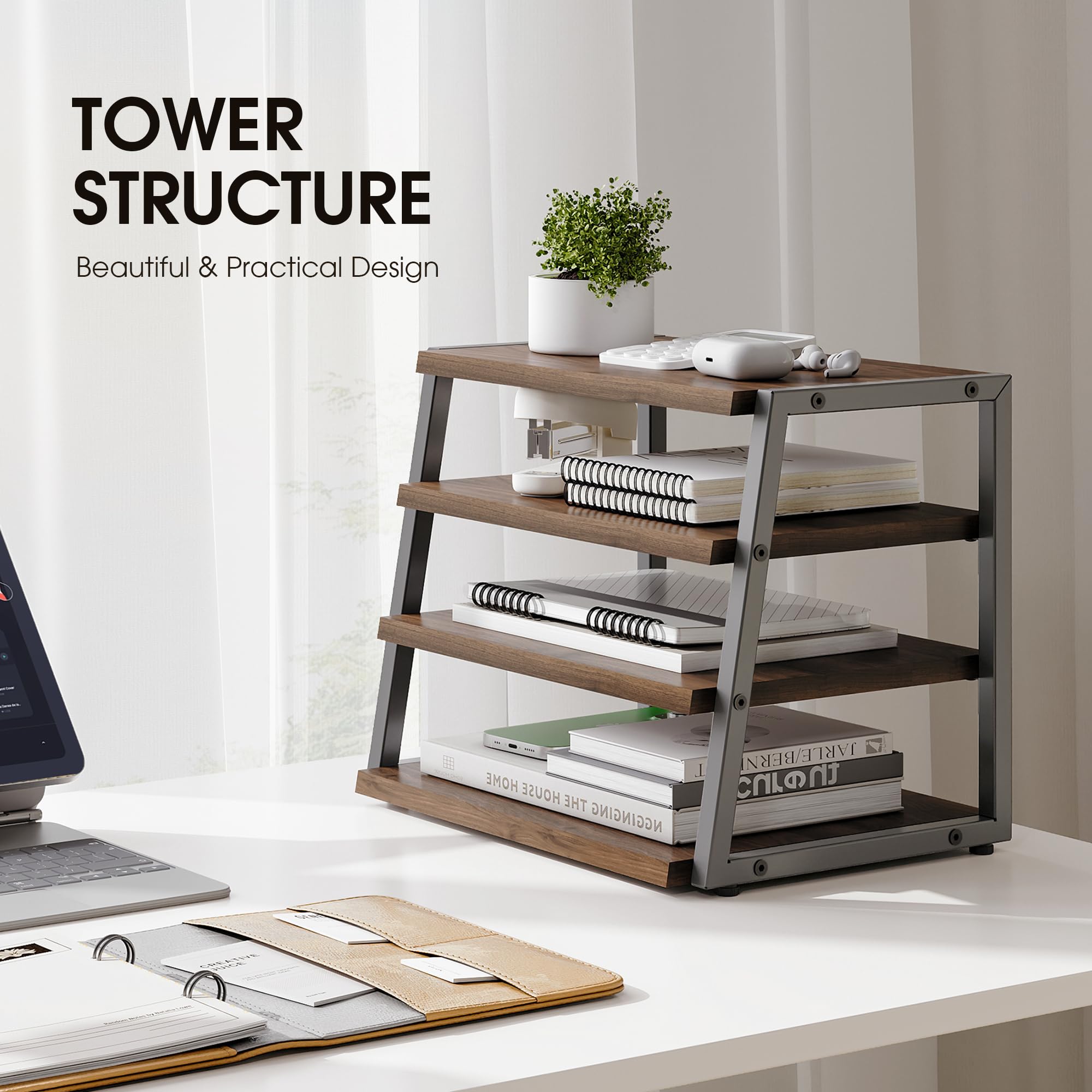 4-Tier Wood & Metal Desk Shelf Organizer - Office Supplies Storage, File Holder for Home & Office Workspace - Perfect for Organizing Books, Files, Stationery on Desks & Corners