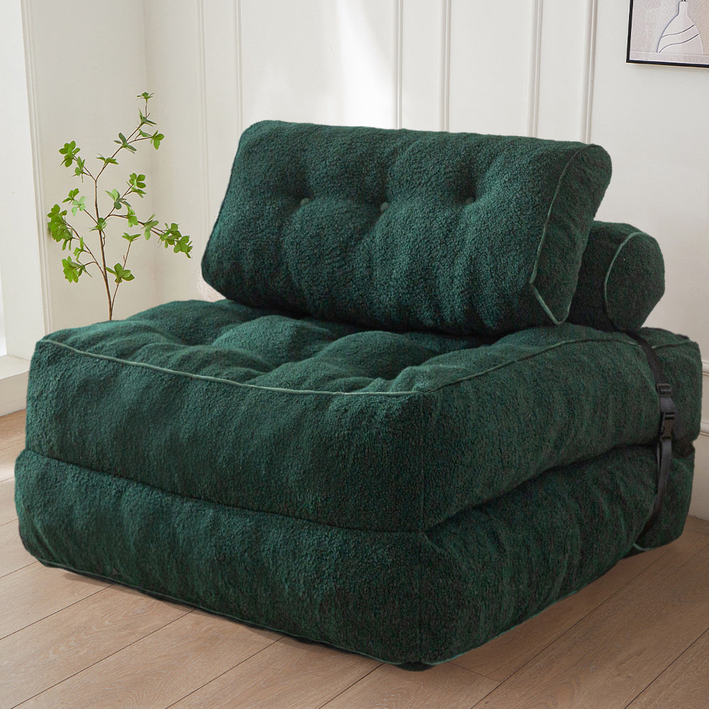 MAXYOYO Fuzzy Folding Sofa Bed - Convertible Sleeper Chair with Pillow & Foldable Mattress - Back Support for Comfort - Green Futon for Small Spaces - Perfect for Guest Room, Dorm, Apartment & Office Use