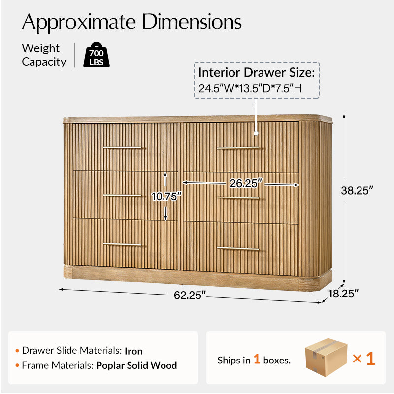 Modern Fluted Solid Wood Dresser with 6 Drawers - Oak Texture Bedroom Furniture for Master Bedroom, Guest Room & Nursery Storage