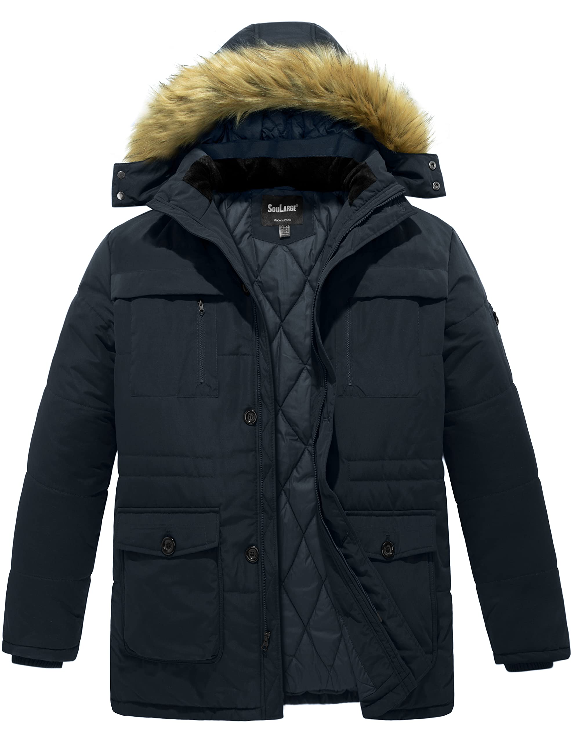 Soularge Men's Big and Tall Winter Warm Heavy Hooded Parka Jacket - Waterproof Cold Weather Coat for Outdoor Activities, Snowboarding, and Hiking