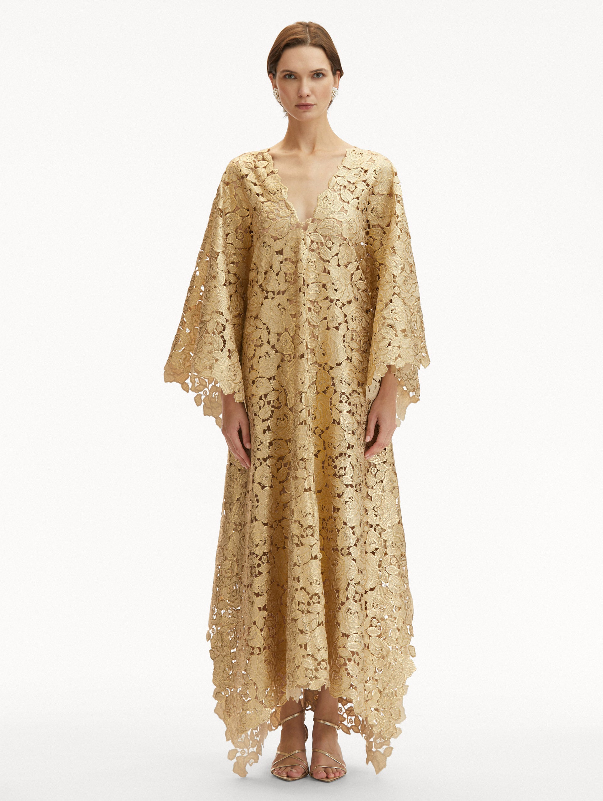 Elegant Gold Foil Rose Guipure Caftan Dress - Women's Boho Maxi Dress for Beach Wedding, Party & Special Occasions