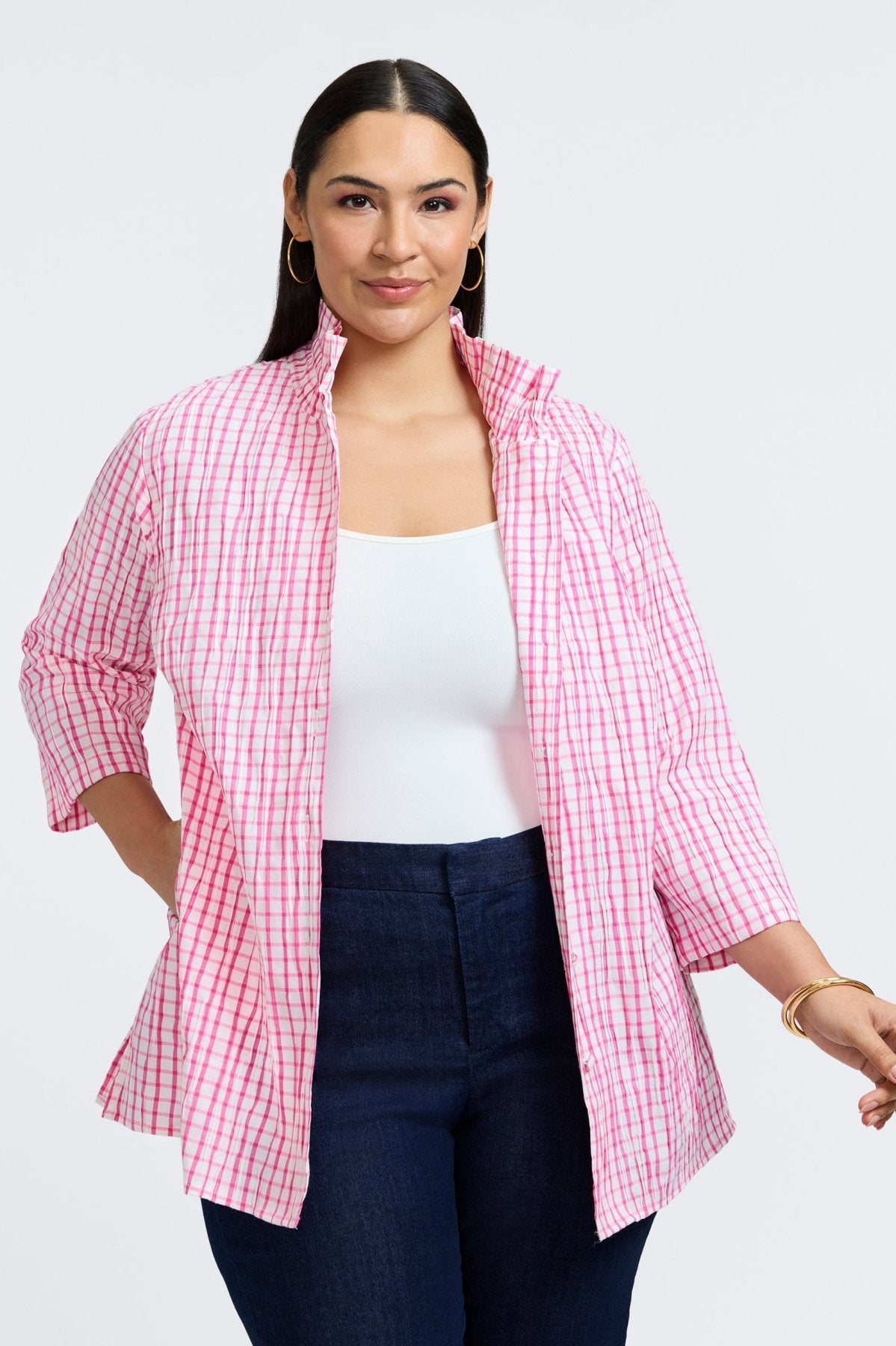 Carolina Plus Size Crinkle 3/4 Sleeve Shirt Jacket for Women - Stylish Layering Piece for Fall & Spring | Office Wear, Casual Outfits, Weekend Brunch