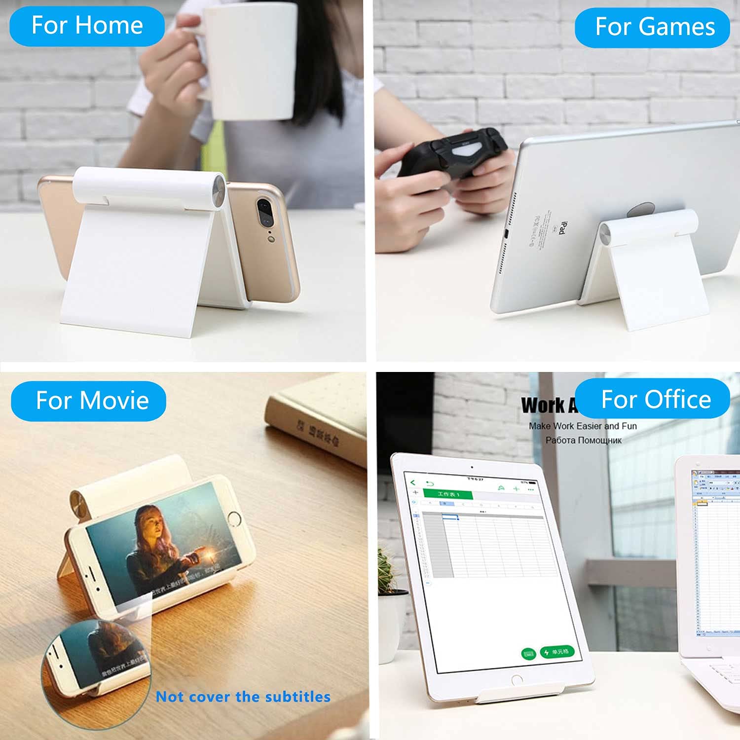 Adjustable Foldable Phone Stand Holder for Desk - Universal Cellphone Cradle Dock for iPhone, iPad, Tablet 4-7.9 Inch Smartphones (White) - Perfect for Office, Home, Video Calls & Hands-Free Viewing
