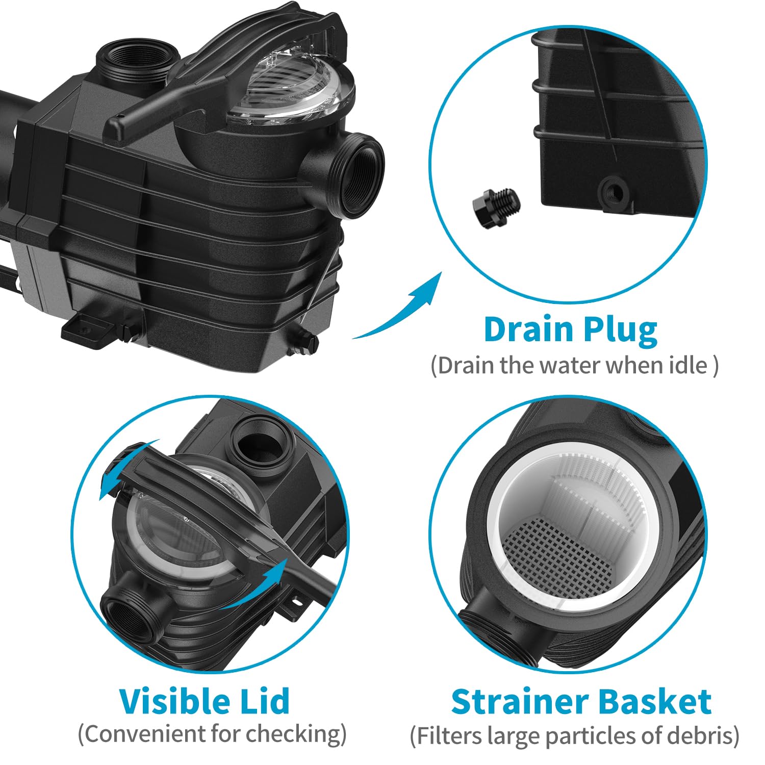 Pipopa 2.5HP 6420GPH Dual Voltage Pool Pump (115V/230V) for Above Ground & Inground Pools - Super Powerful, Energy Efficient, Saltwater & Freshwater Safe, IP44 Waterproof - Perfect for Backyard, Residential & Commercial Swimming Pools