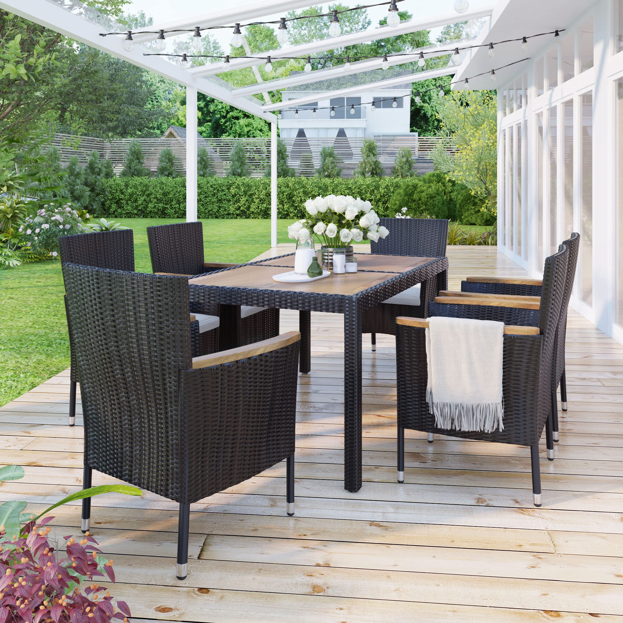 7-Piece LZ LEISURE ZONE Outdoor Patio Dining Set - Rattan Wicker Table & Chairs with Cushions (Brown & Beige) - Perfect for Backyard, Garden, Poolside & Outdoor Entertaining