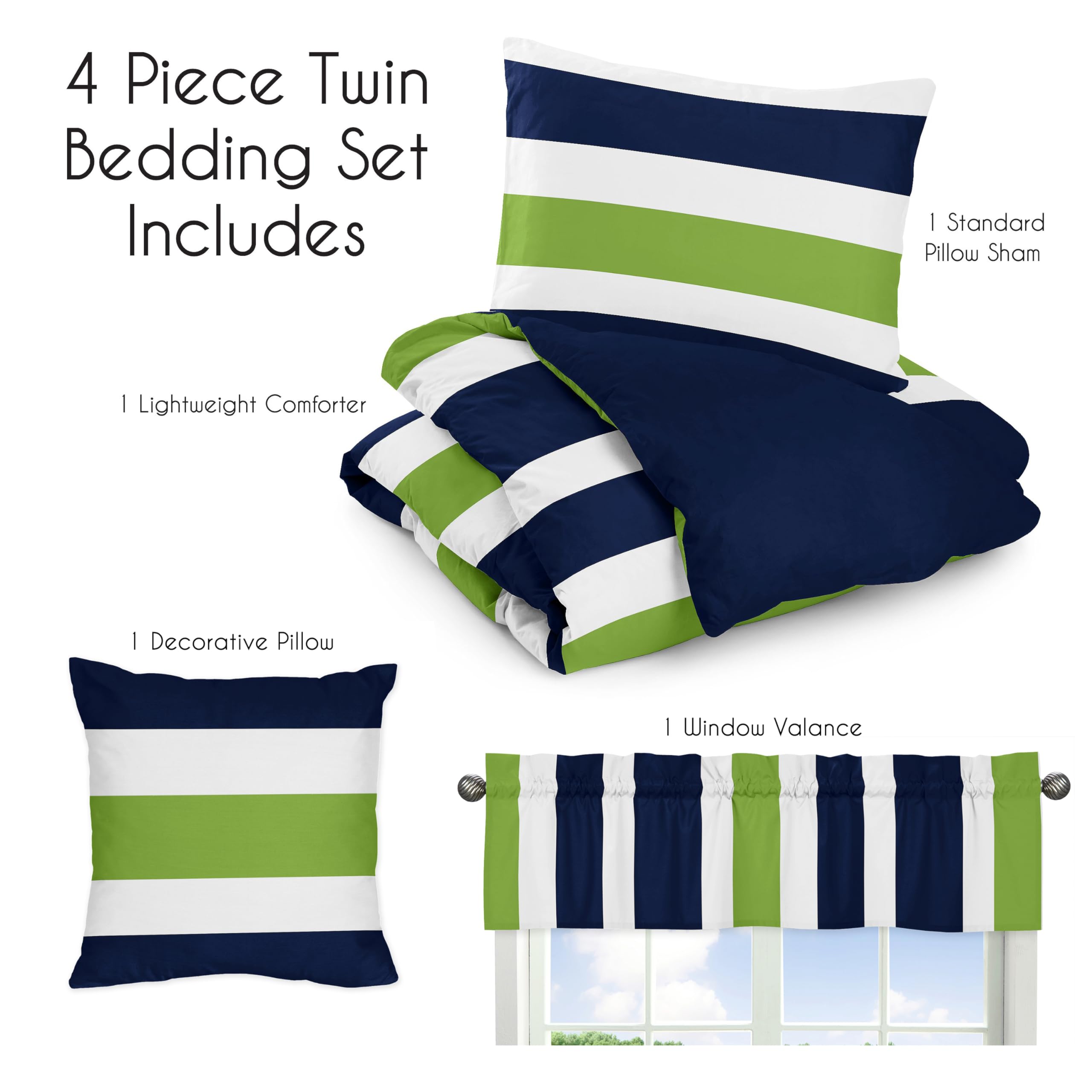 Navy Blue Lime Green and White Stripe 4-Piece Teen Boys Twin Bedding Set - Soft & Durable Comforter, Sheet, Pillowcase Collection for Kids' Bedroom Decor & Cozy Sleep