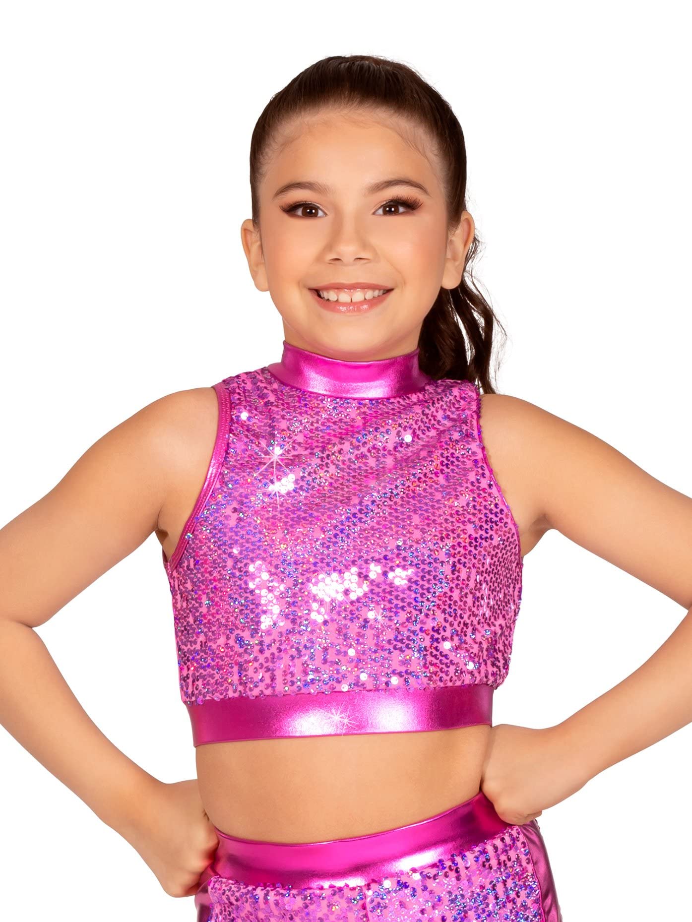 Double Platinum Sequin Mock Neck Crop Top for Girls - Sparkly Party Outfit, Dance Performance, Holiday Celebration & Special Occasions
