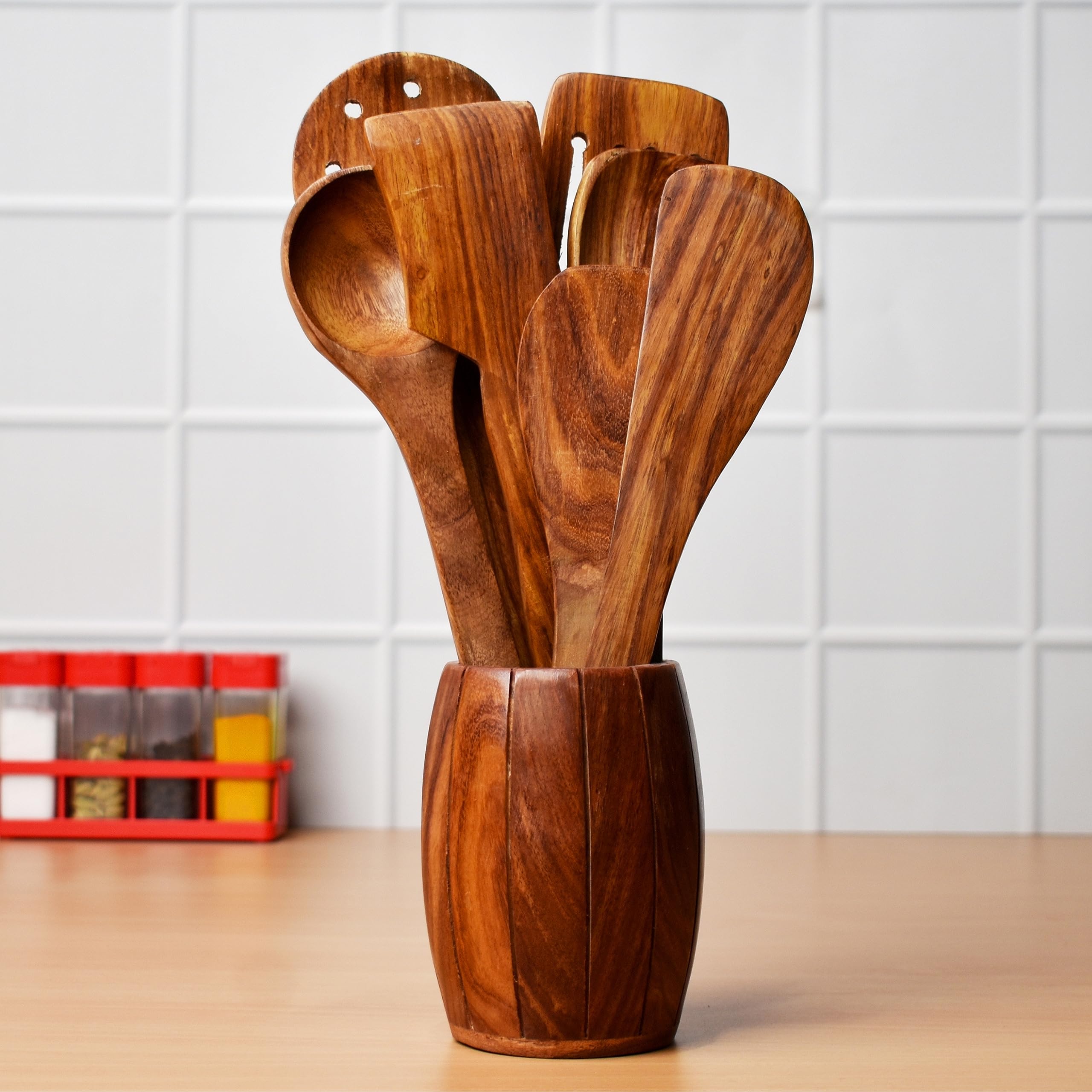 Premium 7-Piece Wooden Cooking Spoon Set - Natural Brown Kitchen Utensils (35cm) for Stirring, Mixing & Serving - Ideal for Cooking, Baking & Food Presentation