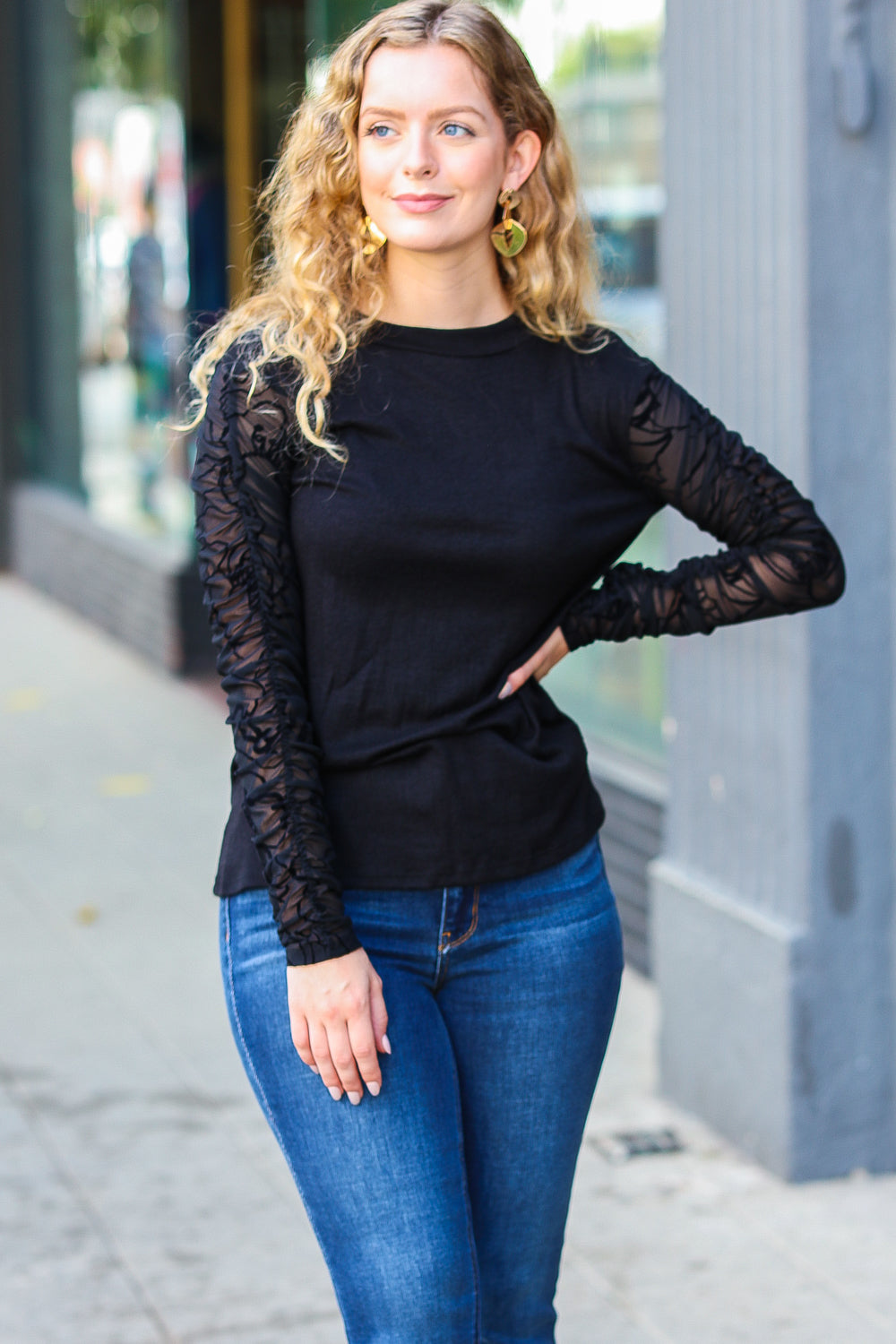Black Shirred Velvet Mesh Blouse - Elegant Women's Fashion Top for Party & Evening Wear