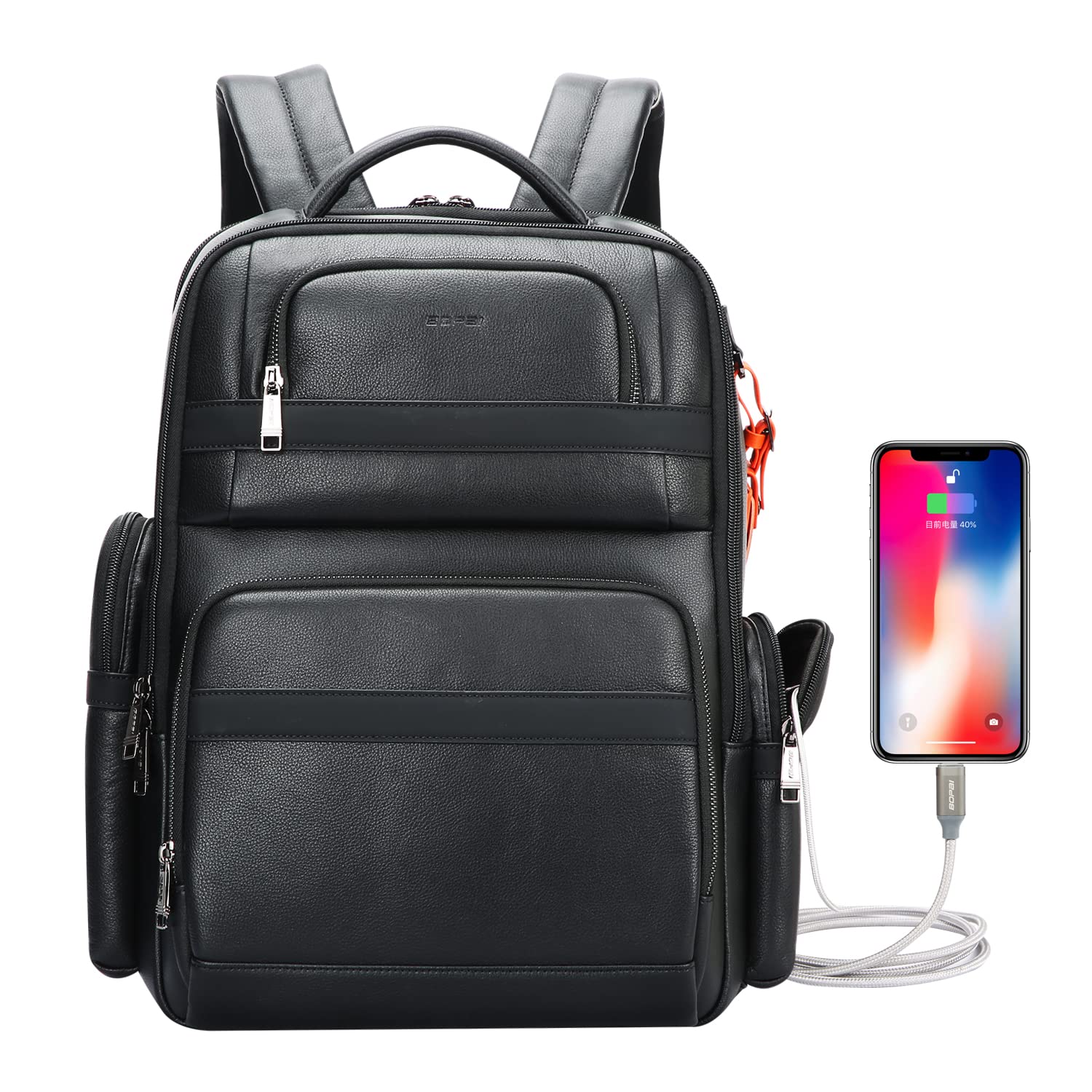 BOPai 40L Genuine Leather Business Laptop Backpack for Men - Anti-Theft USB Charging Large Capacity Travel Backpack for 15.6 Inch Laptop - Perfect for Office, Work Commute & Business Trips