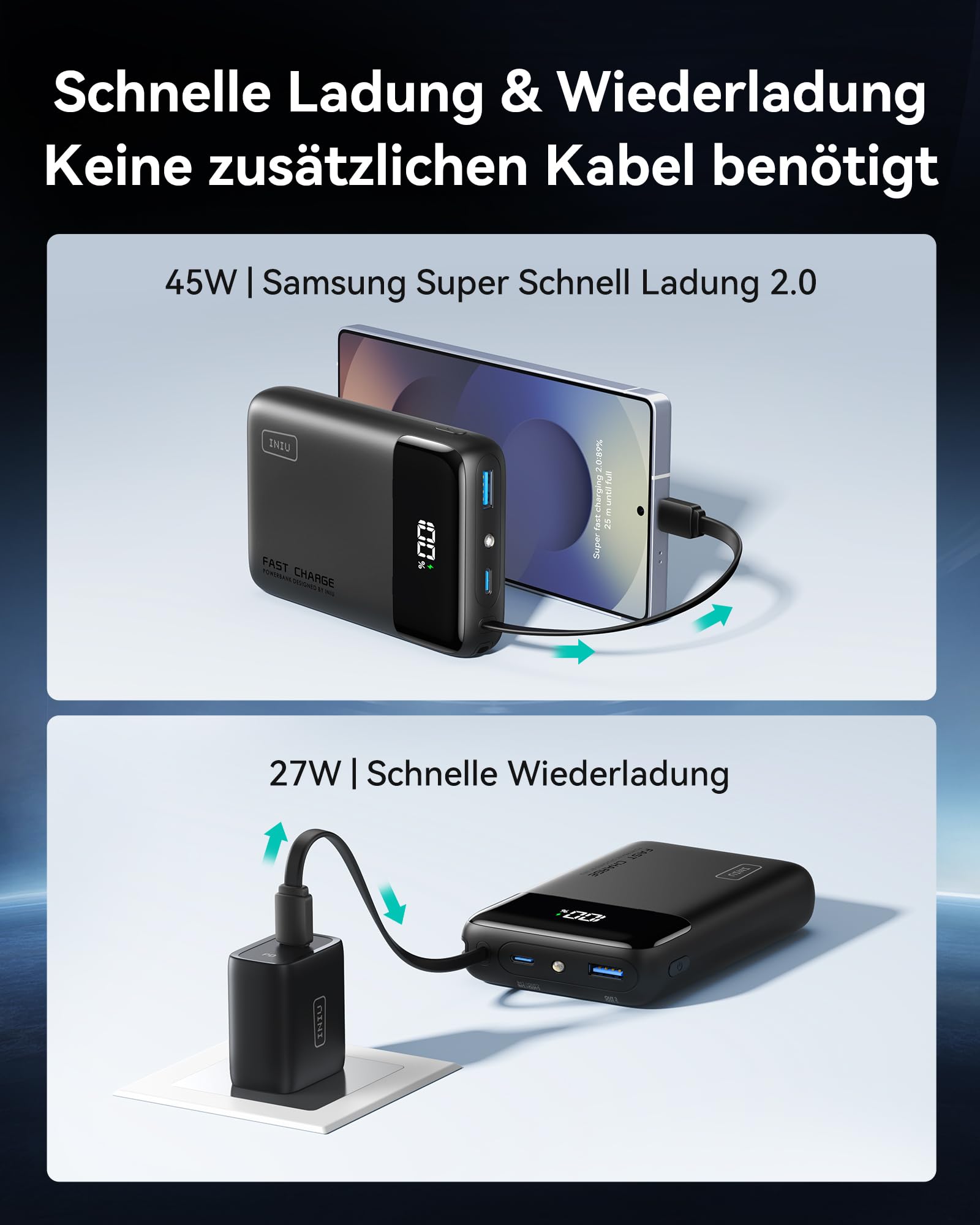 INIU 45W 20000mAh Mini Power Bank with Built-in USB-C Cable | PD 3.0 QC 4.0 Fast Charging | Compact & Powerful Portable Charger for iPhone 15/14/13/12 Pro Max, Samsung, iPad | Perfect for Travel, Camping & Daily Use