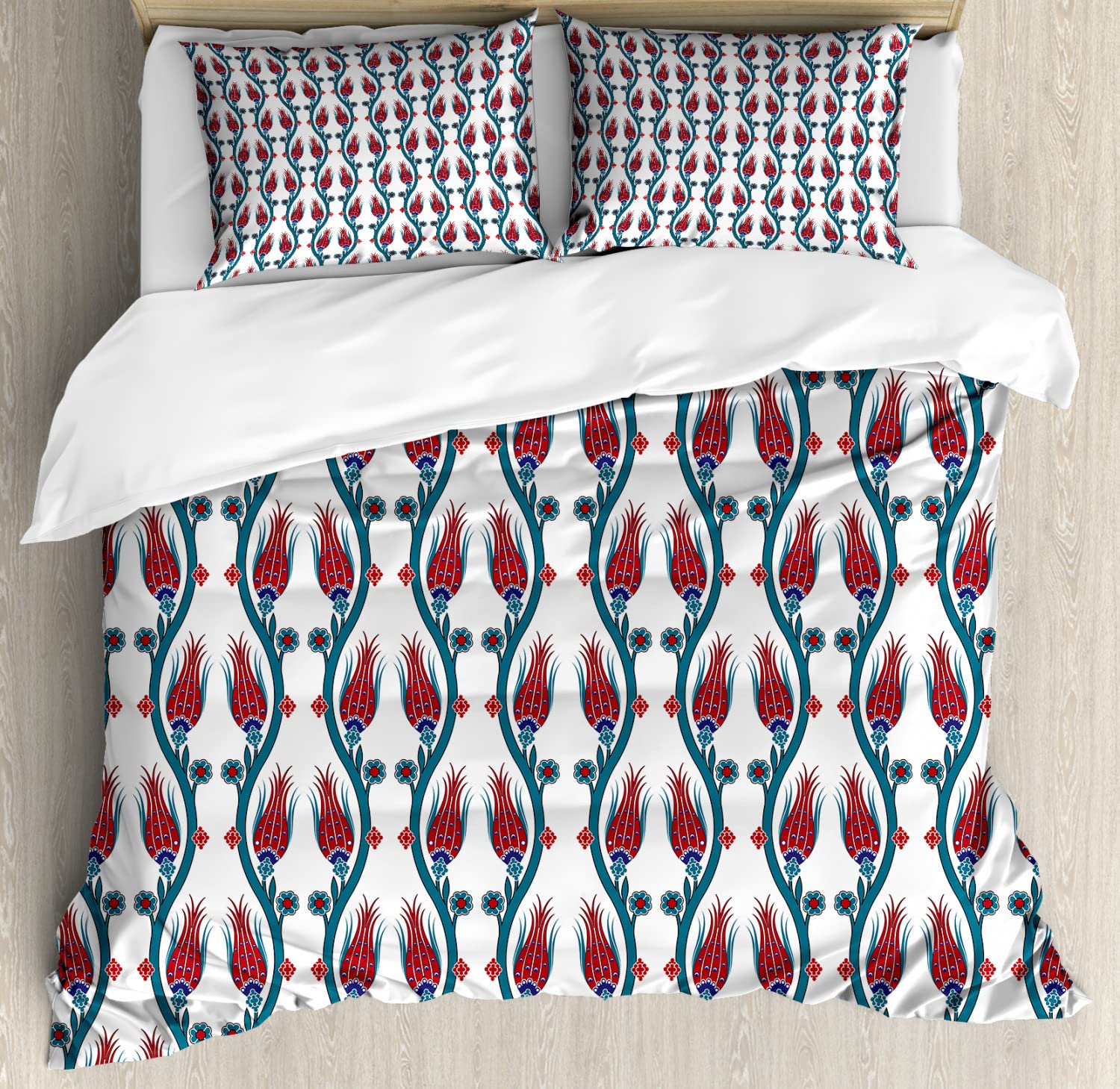 Ambesonne Tulip Duvet Cover Set King Size 2-Pack - Ottoman Art Inspired Floral Mosaic Print with Leaf Details, Includes 2 Duvet Covers & 4 Pillowcases in Red & Teal - Perfect for Master Bedroom, Guest Room, or Bohemian Style Home Decor