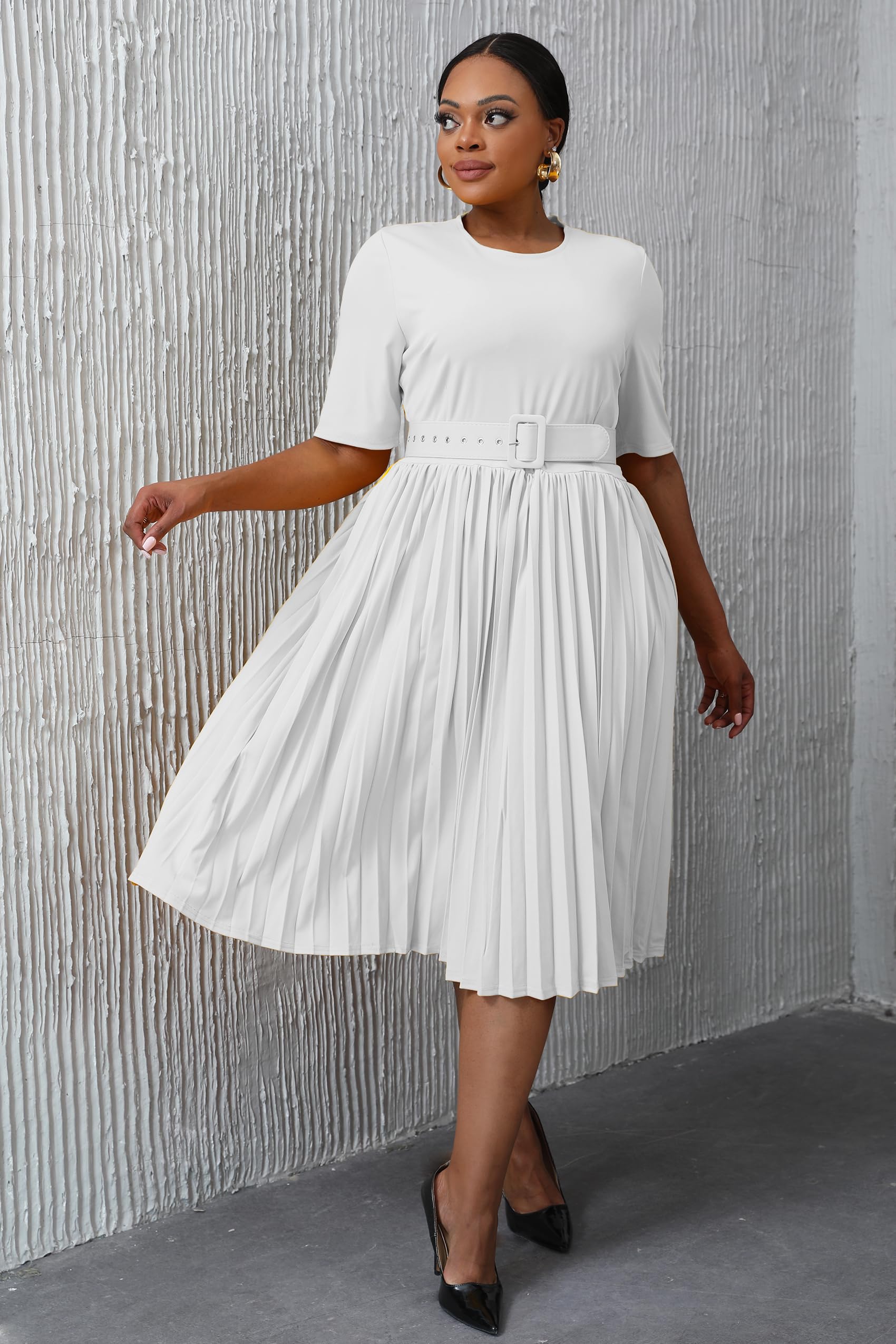 VERWIN Plus Size Women's Short Sleeve A-Line Midi Dress with Round Neck & Belt - Flattering Pleated Casual Summer Dress for Work, Party & Everyday Wear