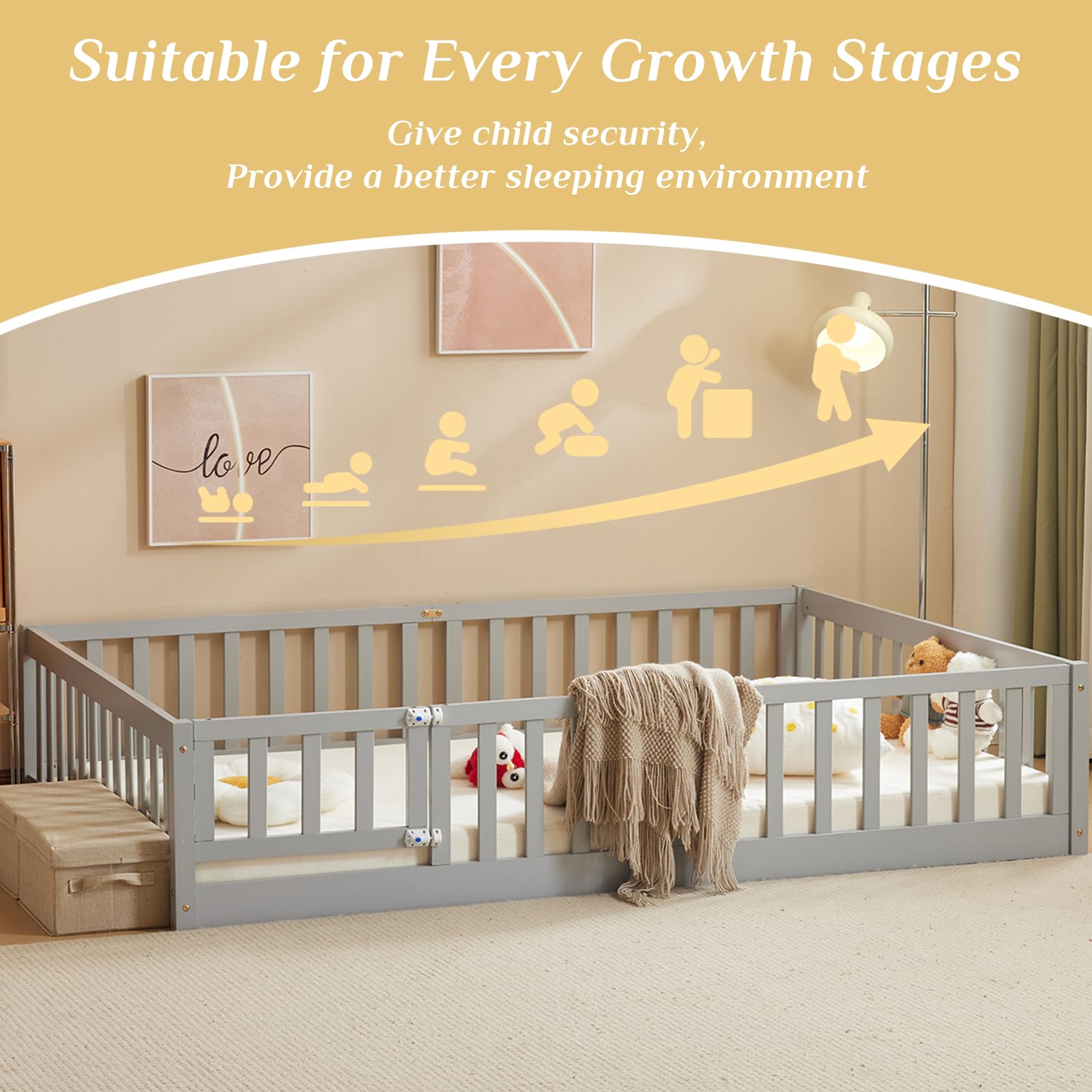 Montessori Toddler Floor Bed with Safety Guardrails & Door - Solid Wood Queen Bed Frame for Kids, Girls & Boys (Grey) | Safe Sleep Solution for Daycare, Nursery & Montessori Classroom