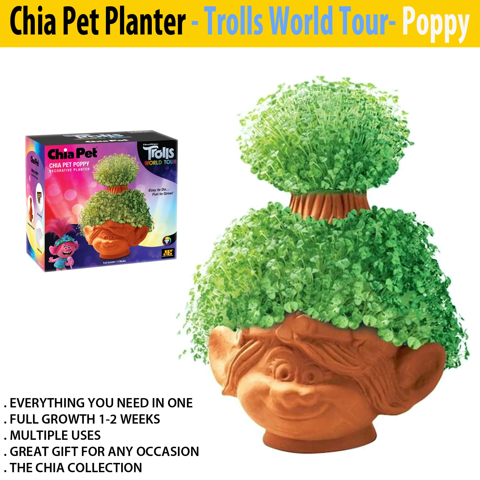 Chia Pet Planter - Trolls World Tour Poppy Flower Seed Kit for Indoor Gardening | Fun DIY Home Decor Gift for Kids & Adults