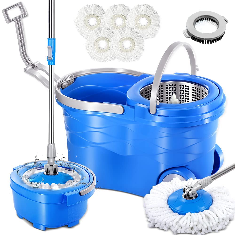 Spin Mop and Bucket Set with Wringer - 5 Microfiber Heads for Easy Floor Cleaning at Home