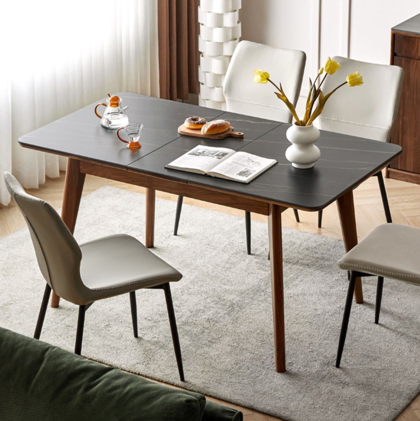 Premium Black Walnut & Ash Solid Wood Extendable Dining Table - Expandable Rock Slab Design for Modern Farmhouse, Rustic Kitchen & Open Concept Dining Rooms
