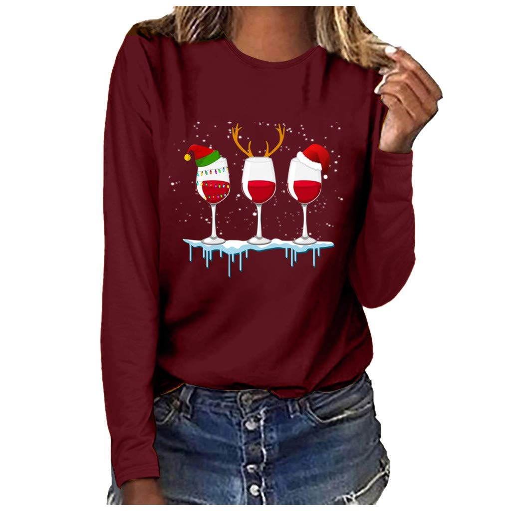 Women's Long Sleeve Casual Crewneck Blouse - Fashion Wine Cup Print Loose Fit Pullover Sweatshirt Top | Perfect for Fall Outfits, Coffee Dates & Weekend Wear