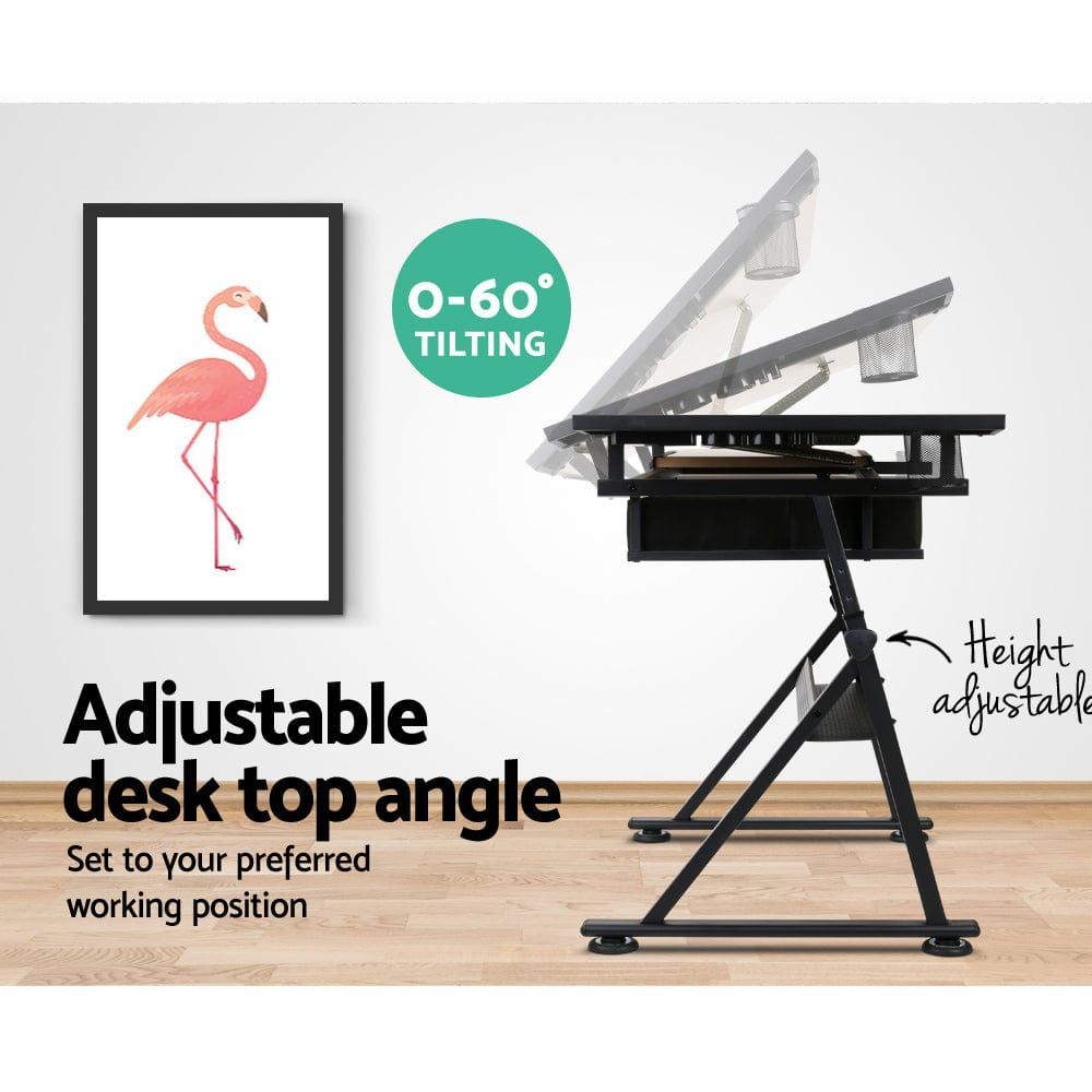 Adjustable Tilt Drafting Table Stool Set - Natural Wood & Black Metal - Perfect for Artists, Architects & Designers - Home Office & Studio Furniture