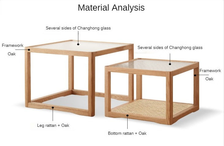 Solid Oak Wood Coffee Table with Glass Top and Rattan Shelf - Perfect for Living Room, Patio, or Outdoor Furniture Decor