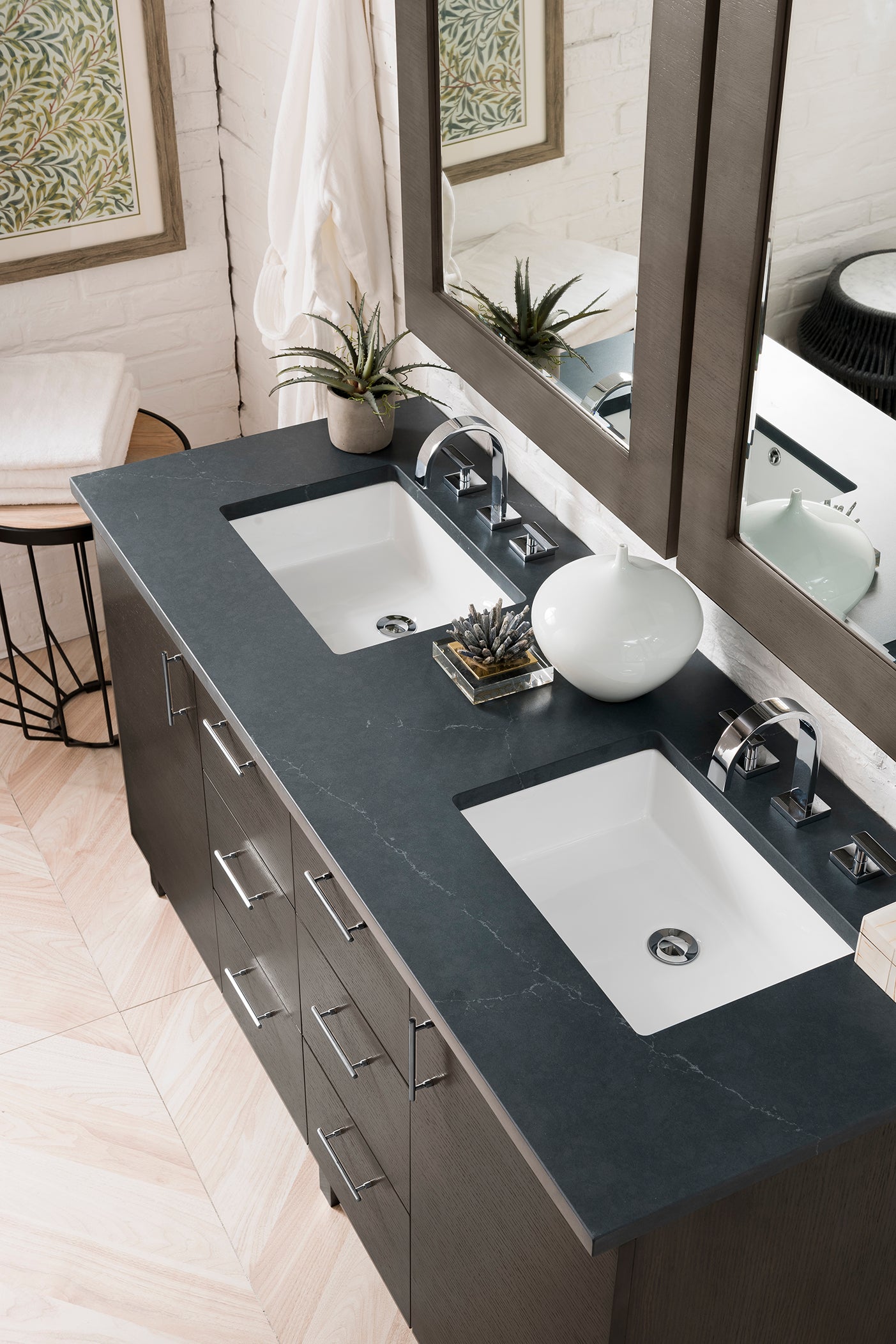Metropolitan 60 Inch Double Bathroom Vanity in Silver Oak with 3CM Charcoal Soapstone Quartz Countertop - Perfect for Modern Master Bathrooms and Luxurious Home Renovations