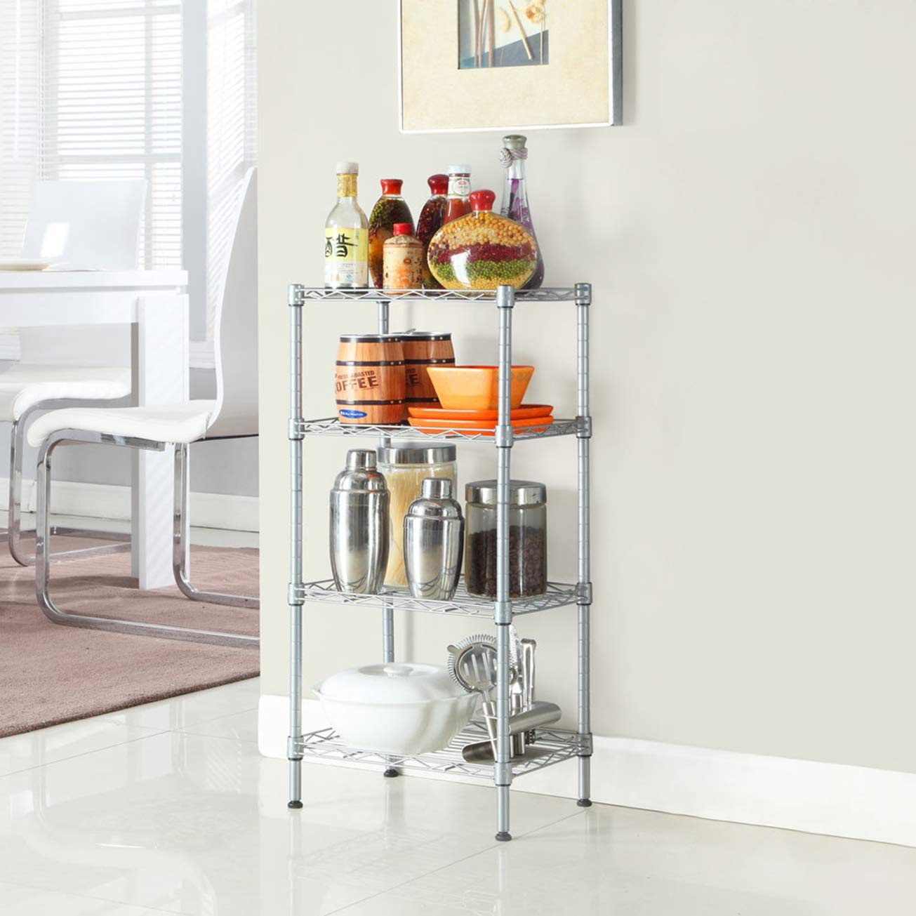 4-Tier Rectangle Carbon Steel Storage Rack - Silver Gray Heavy Duty Utility Shelf Organizer for Kitchen, Bathroom, Living Room | Space-Saving Solution for Pantry Organization, Garage Storage & Closet Shelving by MITPATY