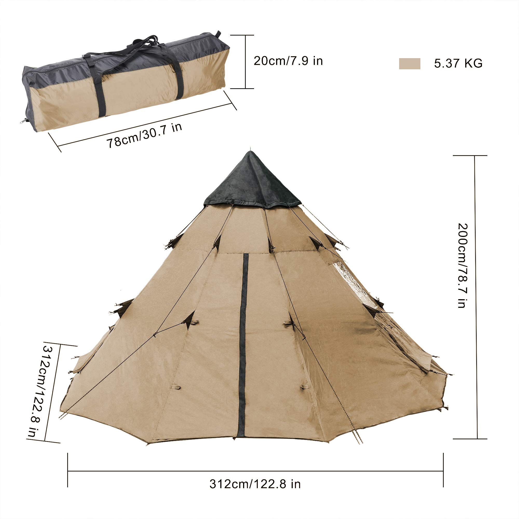 BaiYouDa 3-4 Person Family Camping Teepee Tent - Waterproof & Rainproof Outdoor Shelter for Camping, Hiking & Holidays - Perfect for Backyard Adventures, Beach Trips & Family Bonding