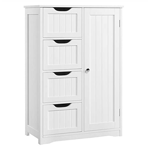 White Wooden Bathroom Floor Cabinet with 4 Drawers - Free Standing Storage Organizer for Towels, Toiletries & Bathroom Essentials | Perfect for Small Bathrooms, Vanities & Home Organization