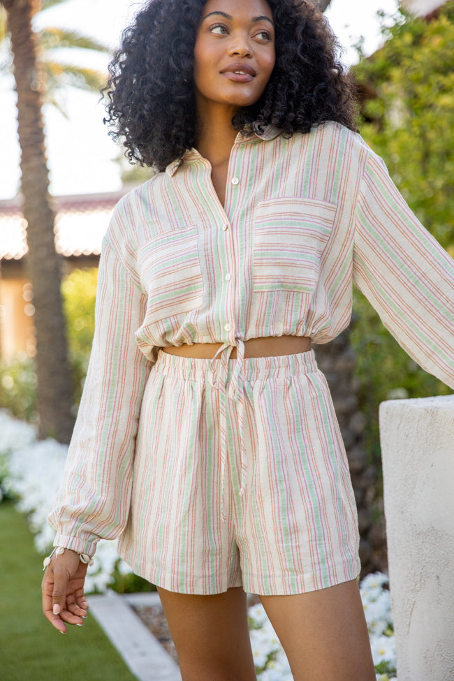 Dream Destination Striped Long Sleeve Top and Shorts Set - Women's Casual Loungewear Outfit for Travel, Vacation & Relaxation