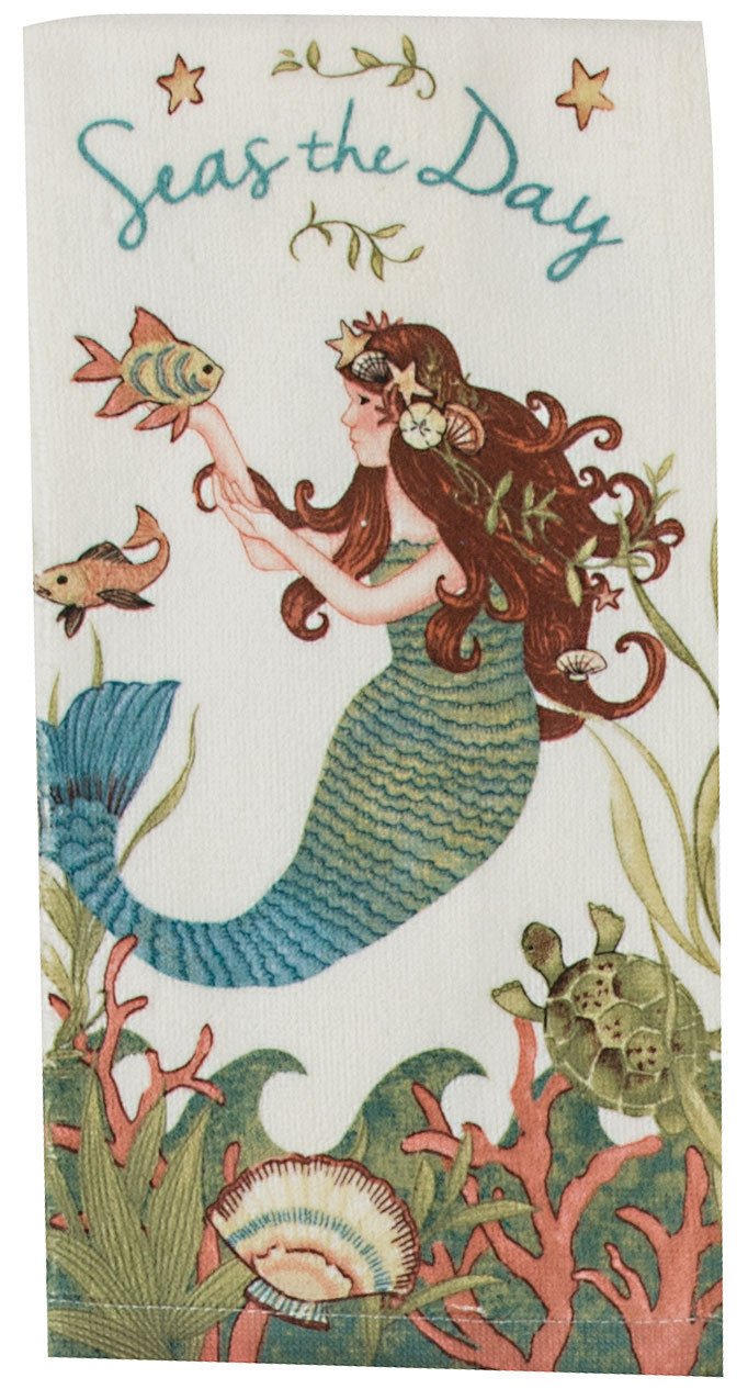 Kay Dee 4-Piece Kitchen Set - 2 Terry Towels, Heat Resistant Oven Mitt & Potholder - Mermaid Design for Cooking, Baking & Kitchen Decor