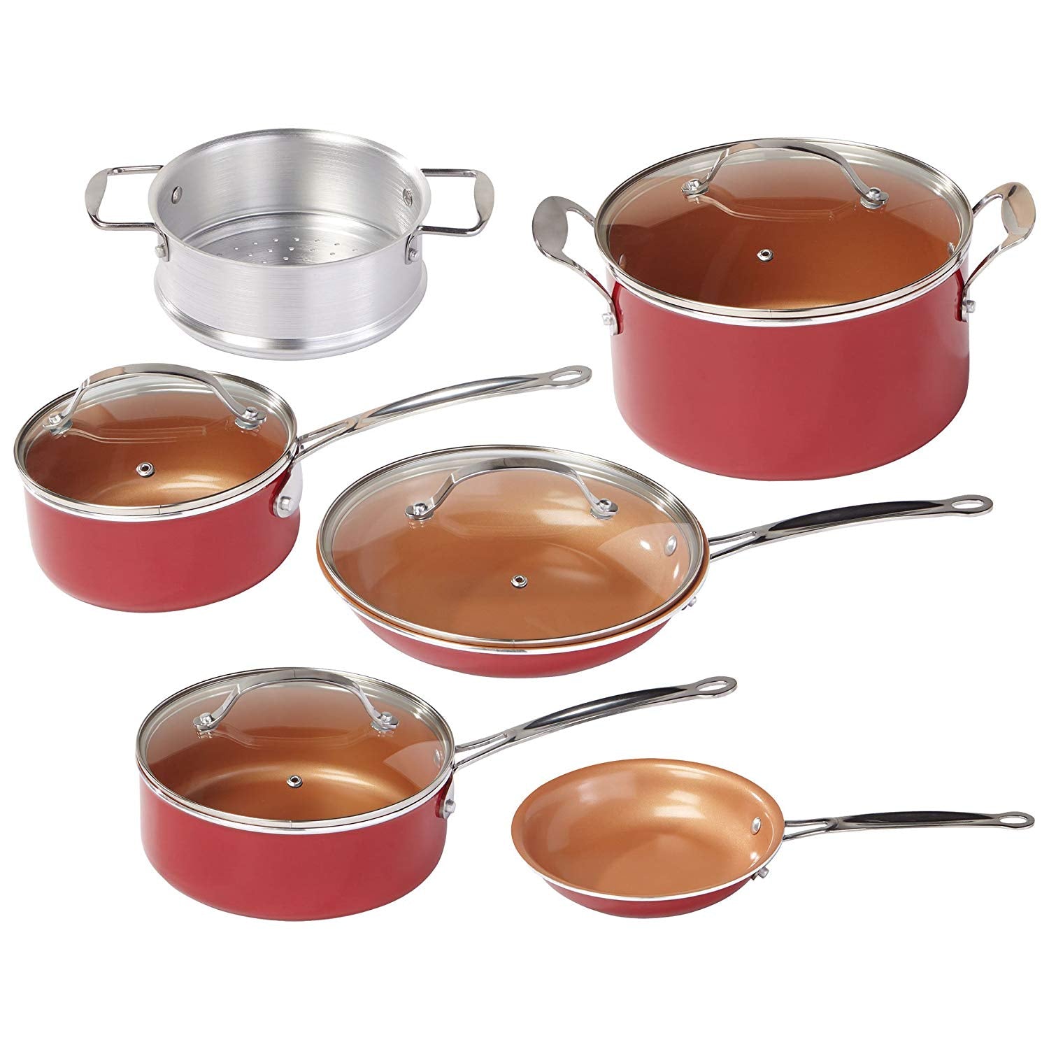Premium Red Copper 10-Piece Cookware Set - Non-Toxic & PFOA-Free Kitchen Essentials for Healthy Cooking | Perfect for Sauteing, Frying & Everyday Meals