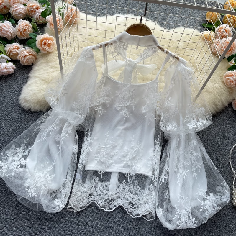 Fairy Bow Tie Puff Sleeve Lace Chiffon Blouse - Mesh Embroidery Hollow Out Top for Women | Perfect for Weddings, Parties & Romantic Dates