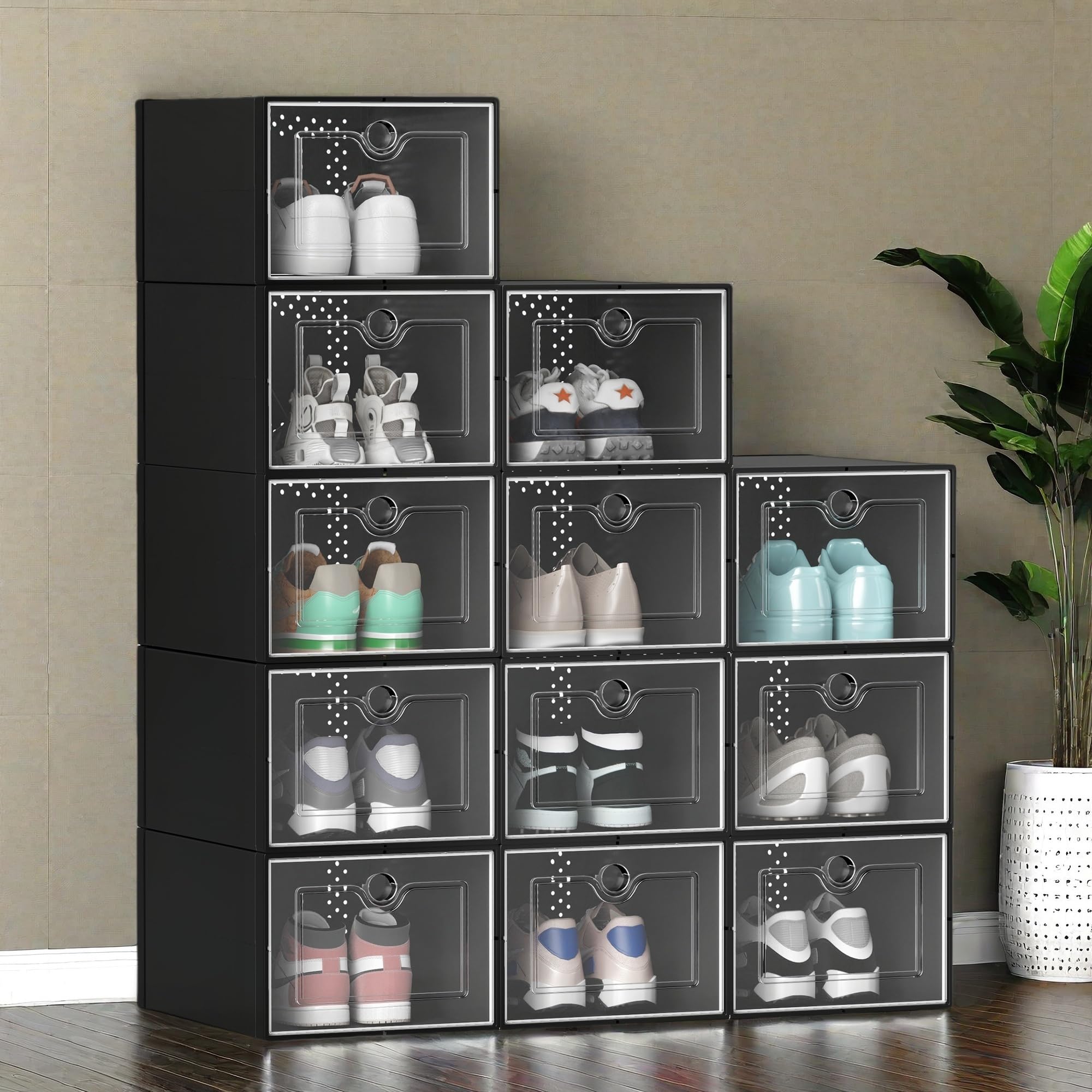 DWVO 12-Pack Clear Plastic Shoe Storage Boxes - XX-Large Stackable Shoe Organizer for Closet (Fits up to US Men's Size 15) | Foldable Sneaker Containers & Shoe Rack | Perfect for Organizing Shoes, Boots, and Sneakers in Bedroom, Closet, or Entryway