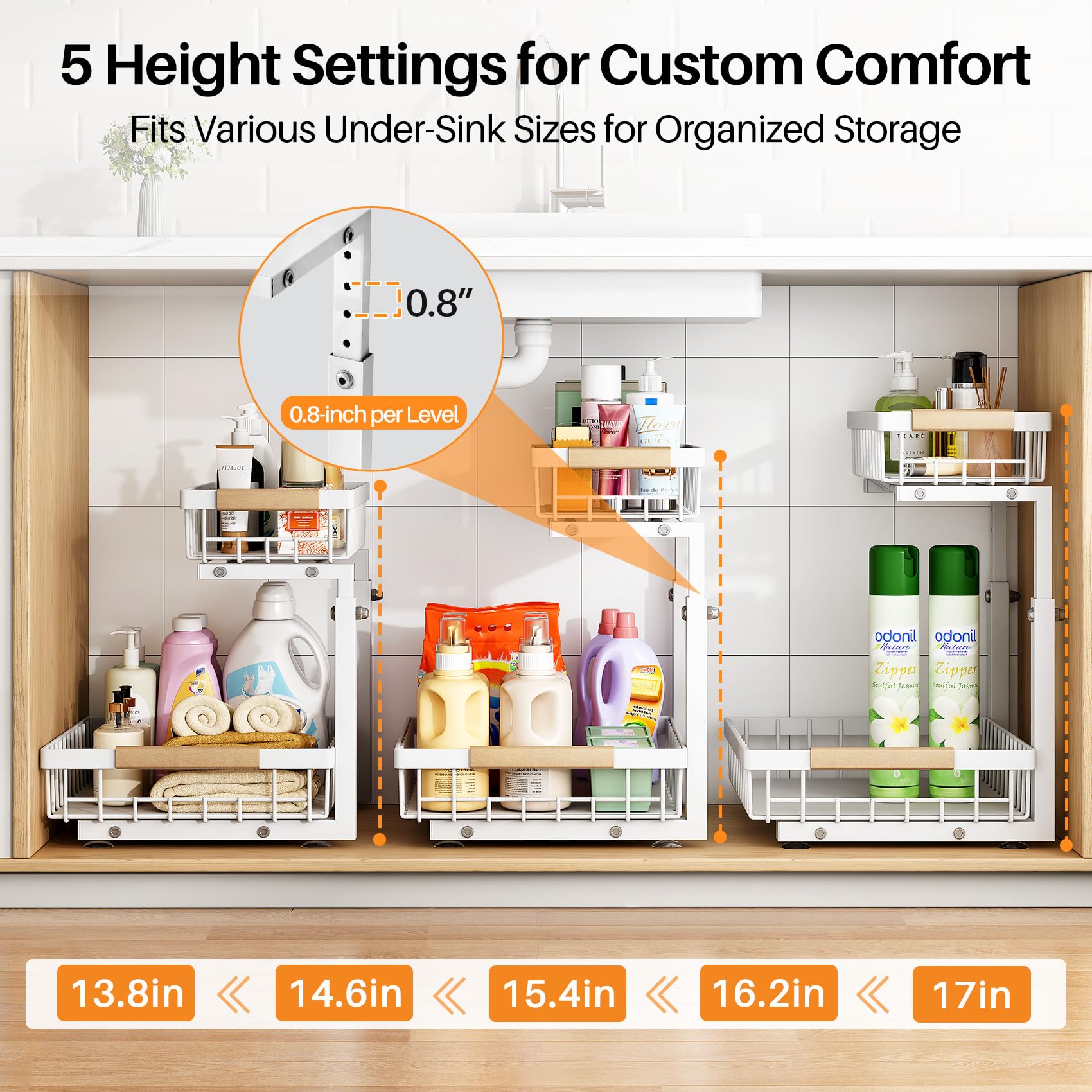 PXRACK 2 Pack Under Sink Organizer - Adjustable Height 2 Tier Pull Out Cabinet Organizer with Thickened Metal Slide Out Design - Perfect for Kitchen, Bathroom, Laundry & Pantry Storage - White